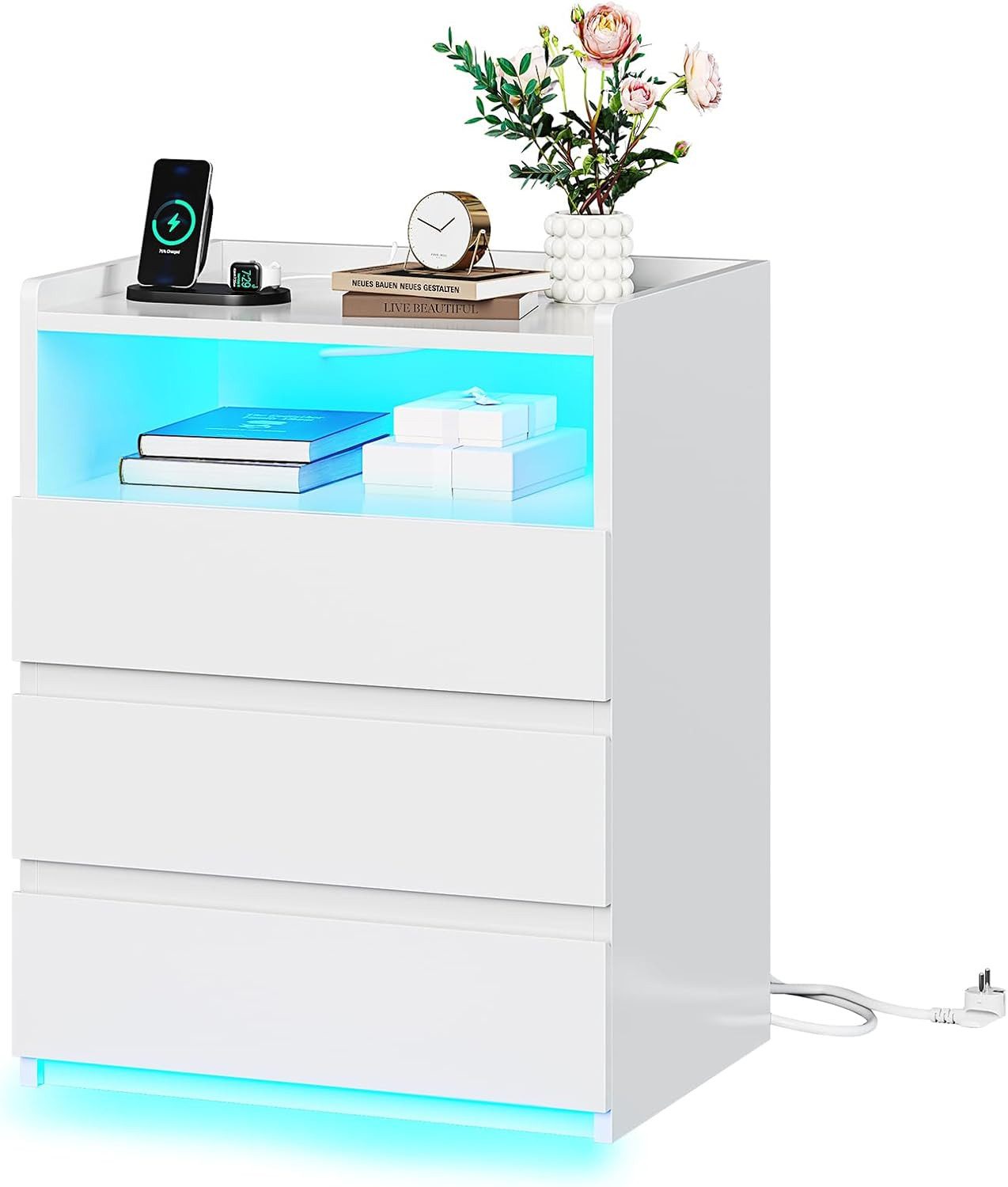 MSMASK Nachttisch mit 3 Schubladen, Steckdosenleiste günstig online kaufen