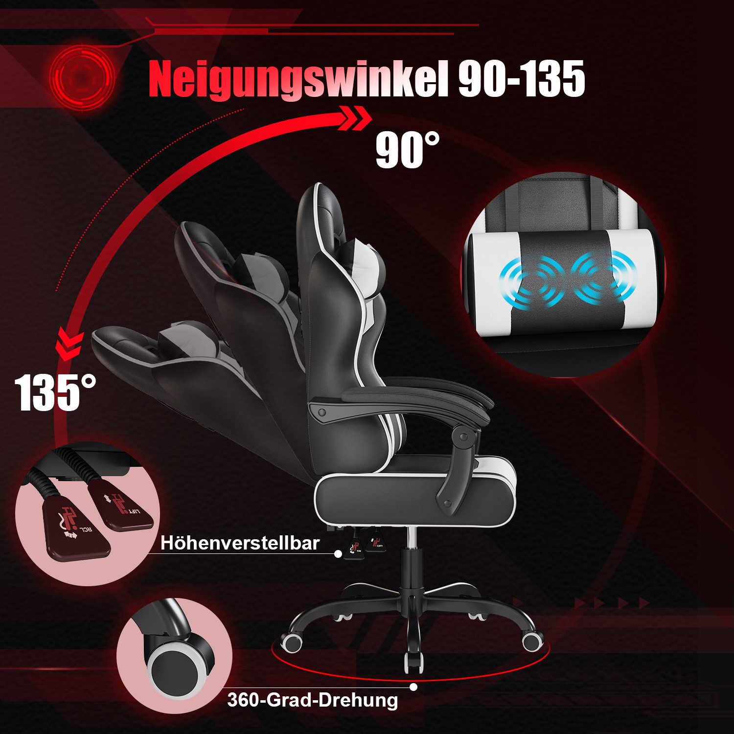 HOMALL Gaming-Stuhl Ergonomischer,Massage Bürostuhl mit Kopfstütze, mit Fußstütze (10 cm Höhenverstellung, Verstellbarem Lenden- & Kopfkissen, Gamer Stuhl 150kg Belastbarkeit)