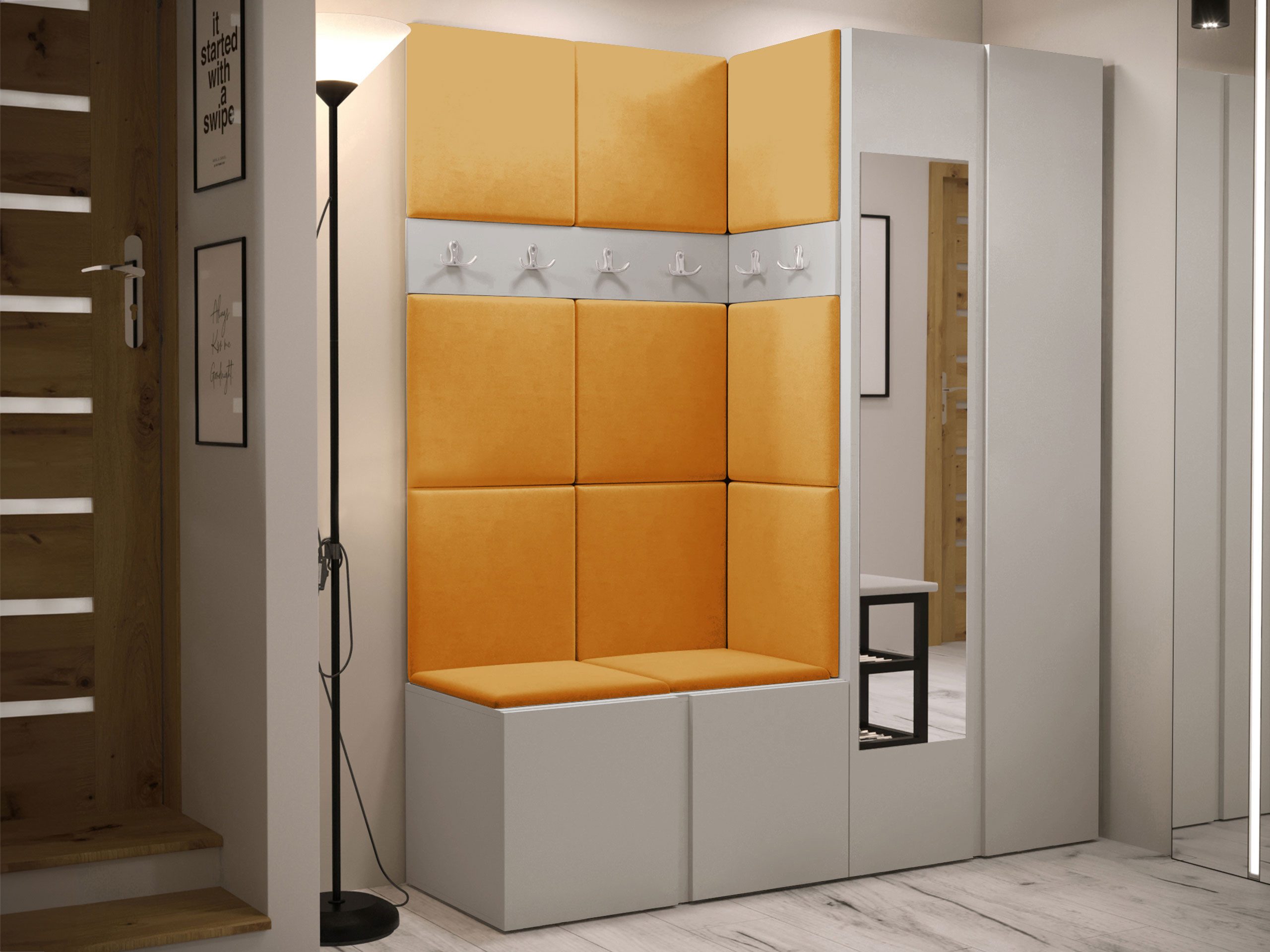 MIRJAN24 Garderoben-Set Orion XII, (Komplett-Set, Schrank, Schrank mit Spiegel, 2x Kleiderhaken, Paneel 11x 42x42), Auswahl aus Fronten und Polsterplatten