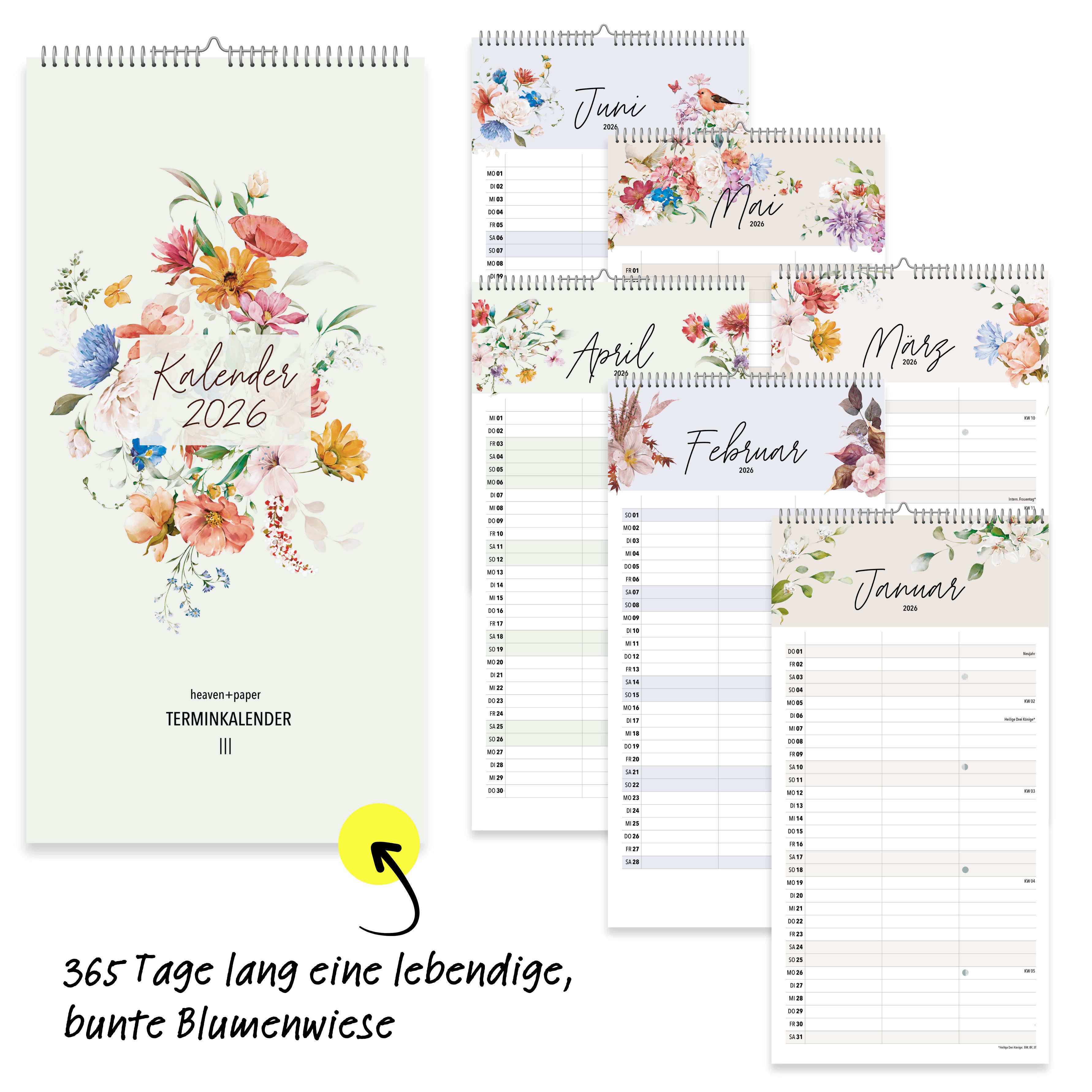 heaven+paper Terminplaner Paarplaner WILDFLOWER 3 Spalten 2026 blumig, hochwertig, Hergestellt in Deutschland