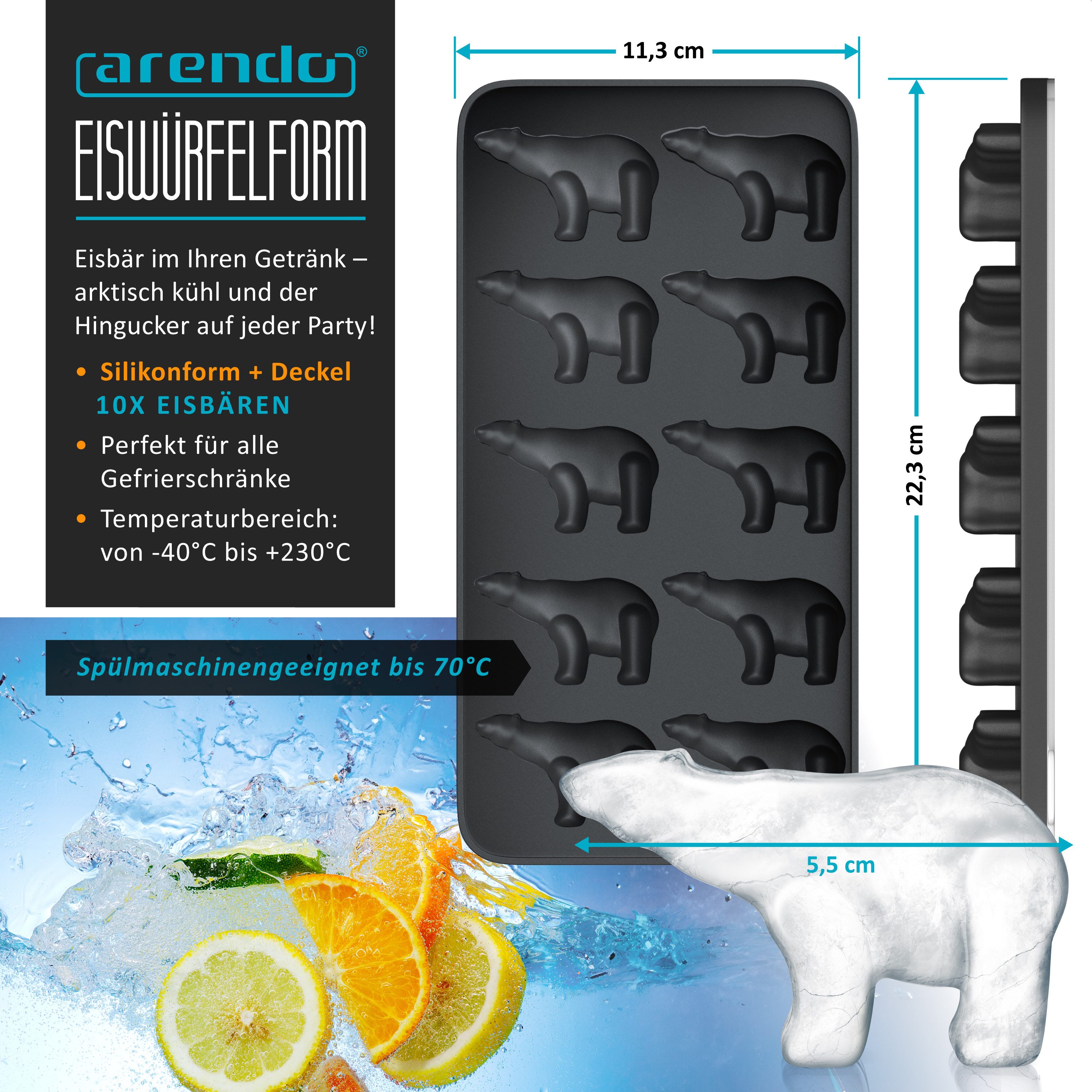 Arendo Eiswürfelform 10x Eisbärenform zehnfach, temperaturbeständig, bis -40°C, (1-tlg), leicht zu lösen, für Cocktails, Obstsaft, Whisky