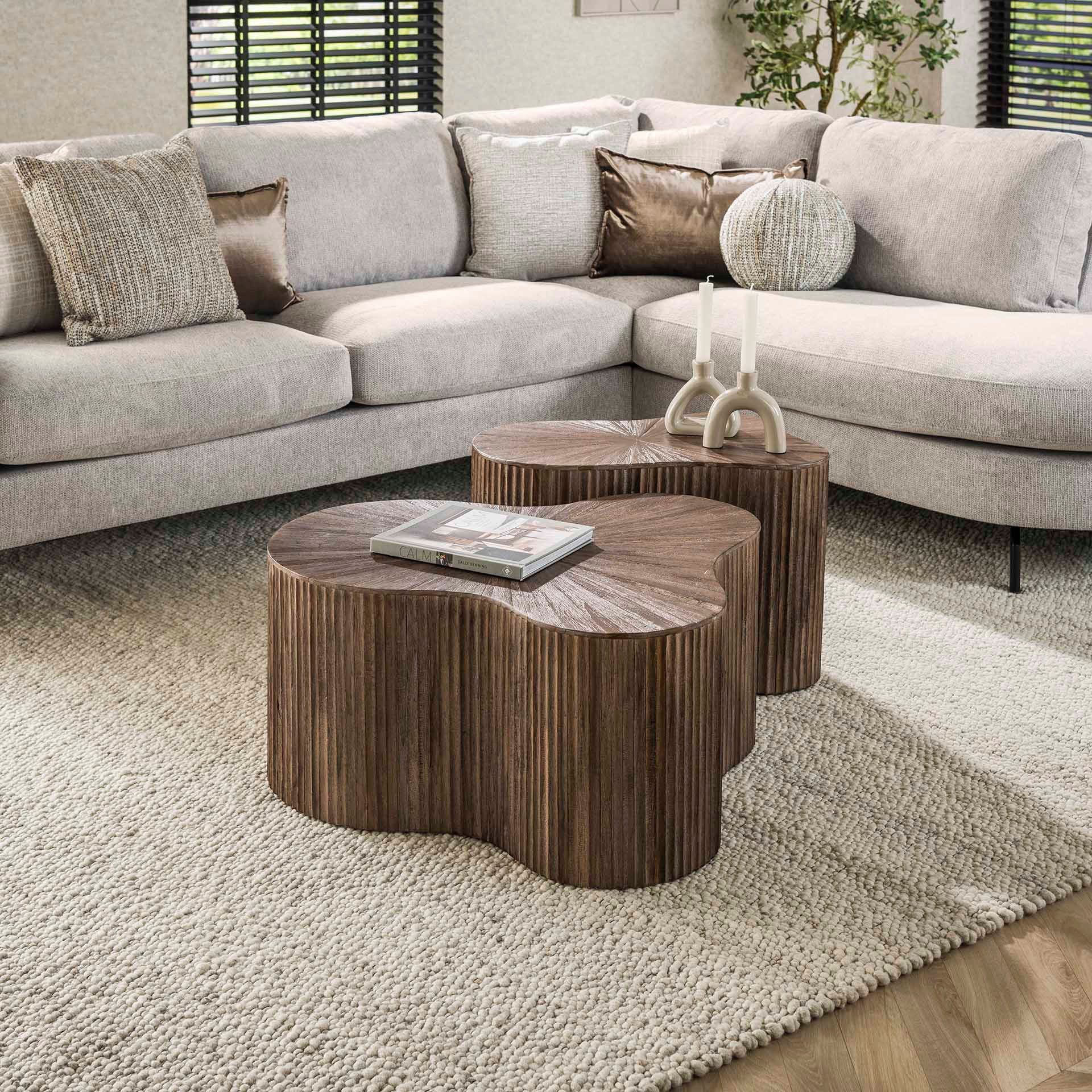Maison ESTO Couchtisch 2er-Couchtisch MOJO CHAM Teakholz, dunkelbraun organische Form (2er-Set), Wellenförmiges Gestell