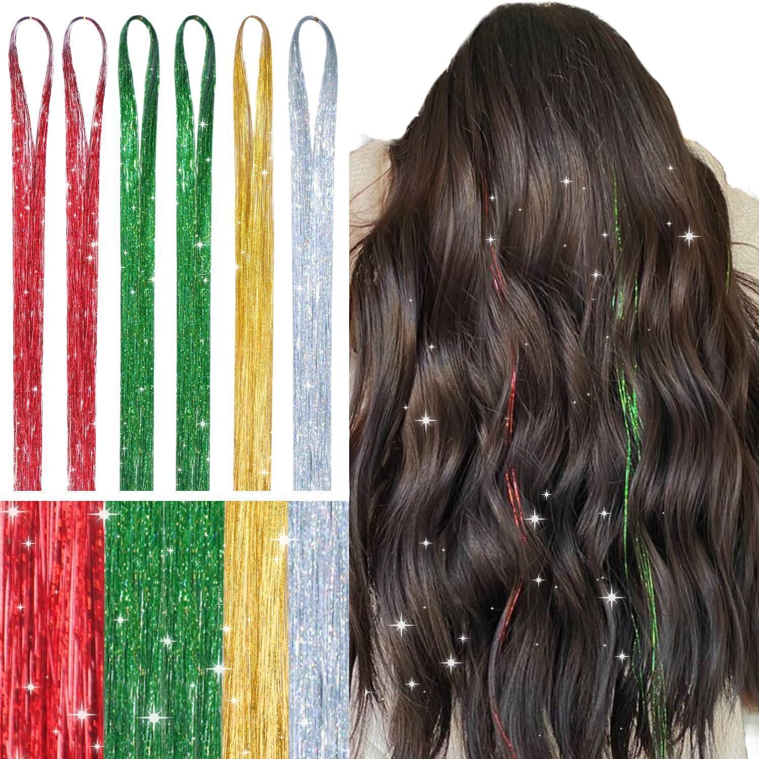 LuxusKollektion Kunsthaar-Extension Haar Lametta Glitzer Haarsträhnen 120cm - 6er-Pack #Weihnachtsset