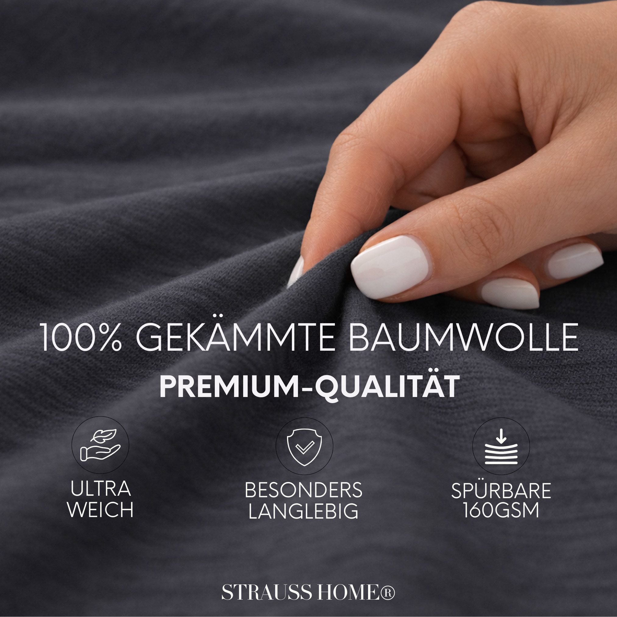 Strauss Home Spannbettlaken Premium 160 g/m² Gekämmte Baumwolle Jersey in Hotelqualität, Gummizug: Rundumgummi, OEKO-TEX®-zertifiziert - Hotelqualität – Formstabil & Langlebig