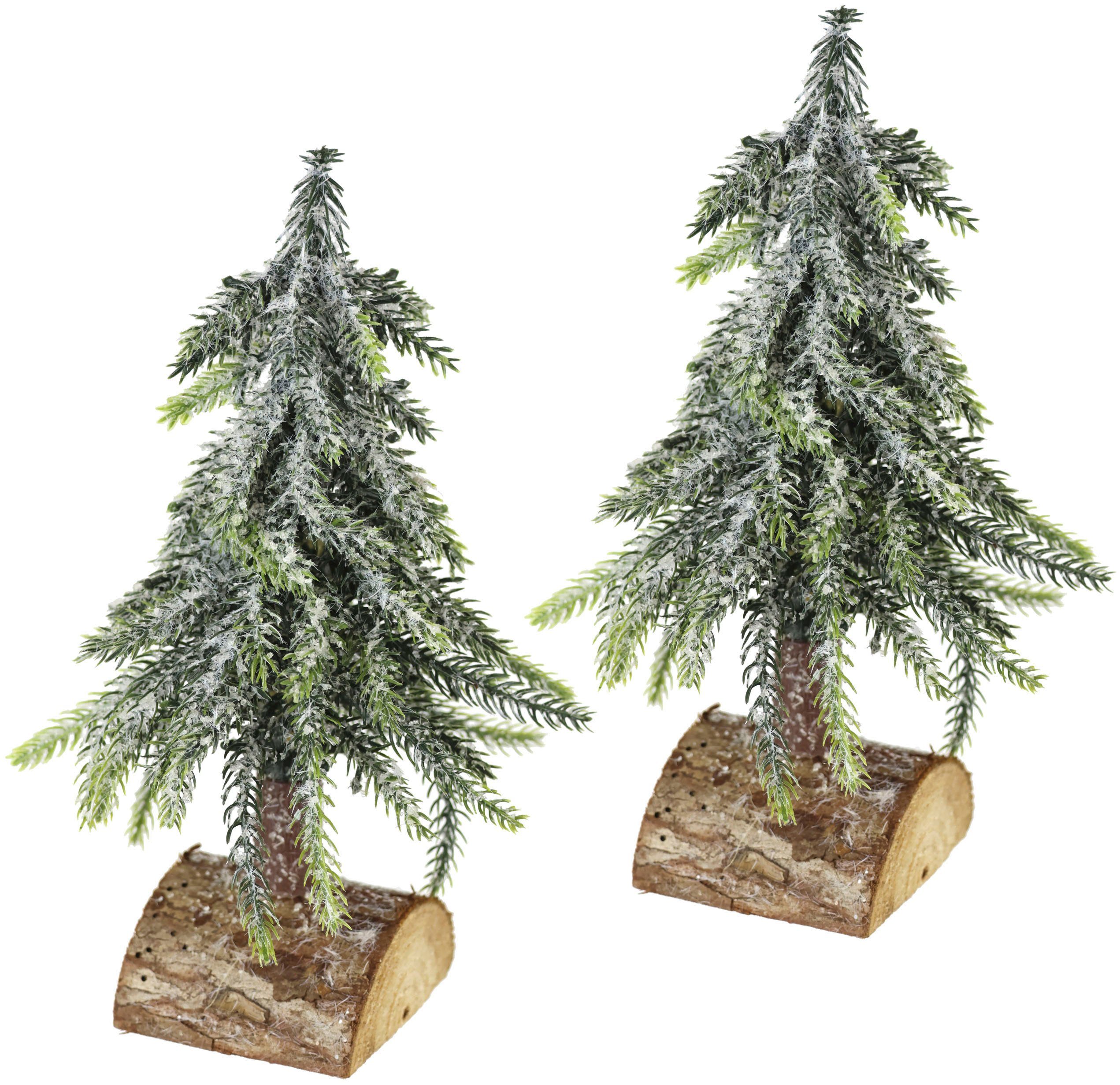 I.GE.A. Dekobaum Weihnachtsdeko, Weihnachtsbaum (Set, 2 St), Künstlicher mini Tannenbaum geeist auf Holzsockel 25 cm