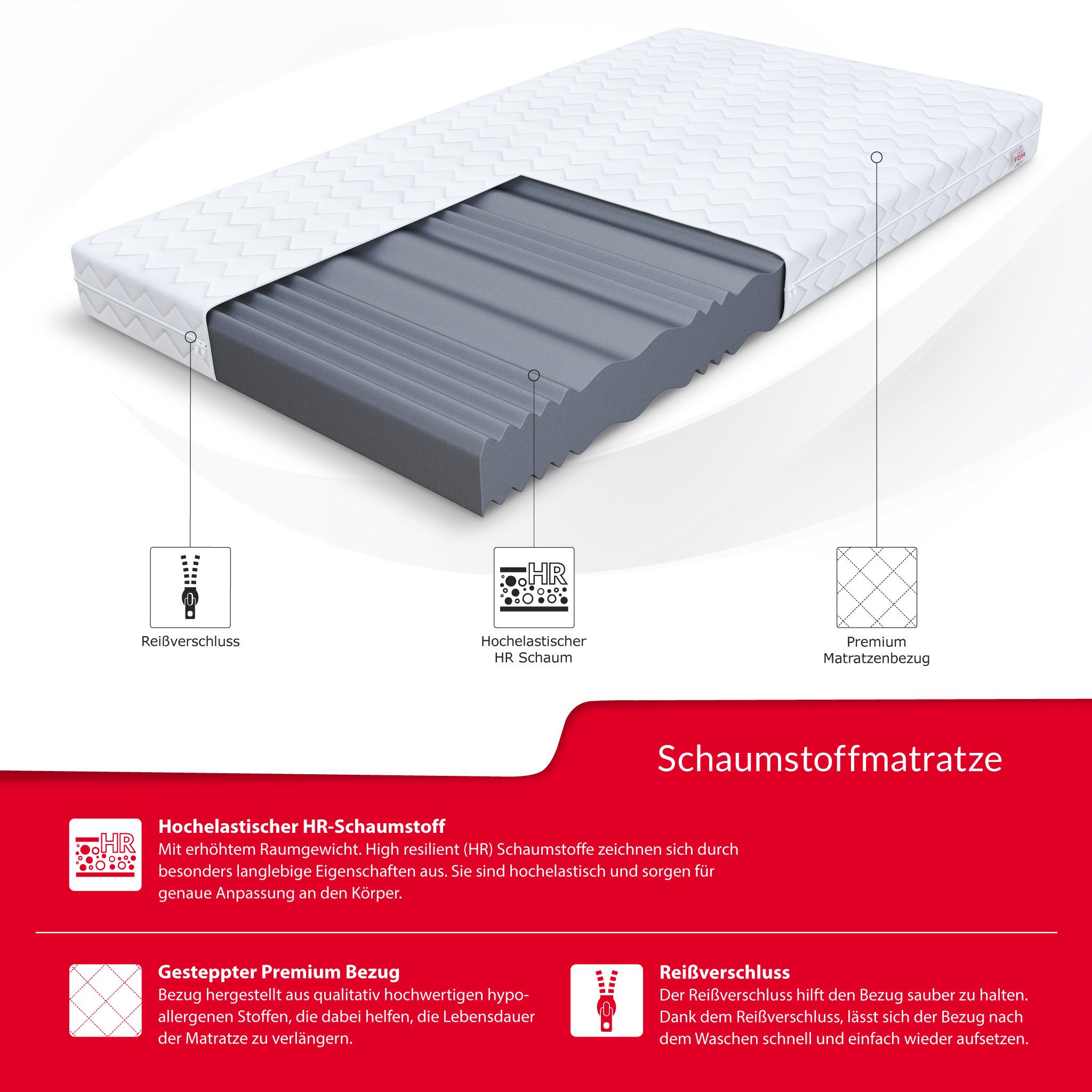 Kaltschaummatratze COMFORT PLUS 90x200, 140x200, 180x200 cm & weitere Größen, FDM, 10 cm hoch, (komfortable Matratze, Allergiker geeignet), Wendematratze mit zwei unterschiedlich festen Liegeseiten