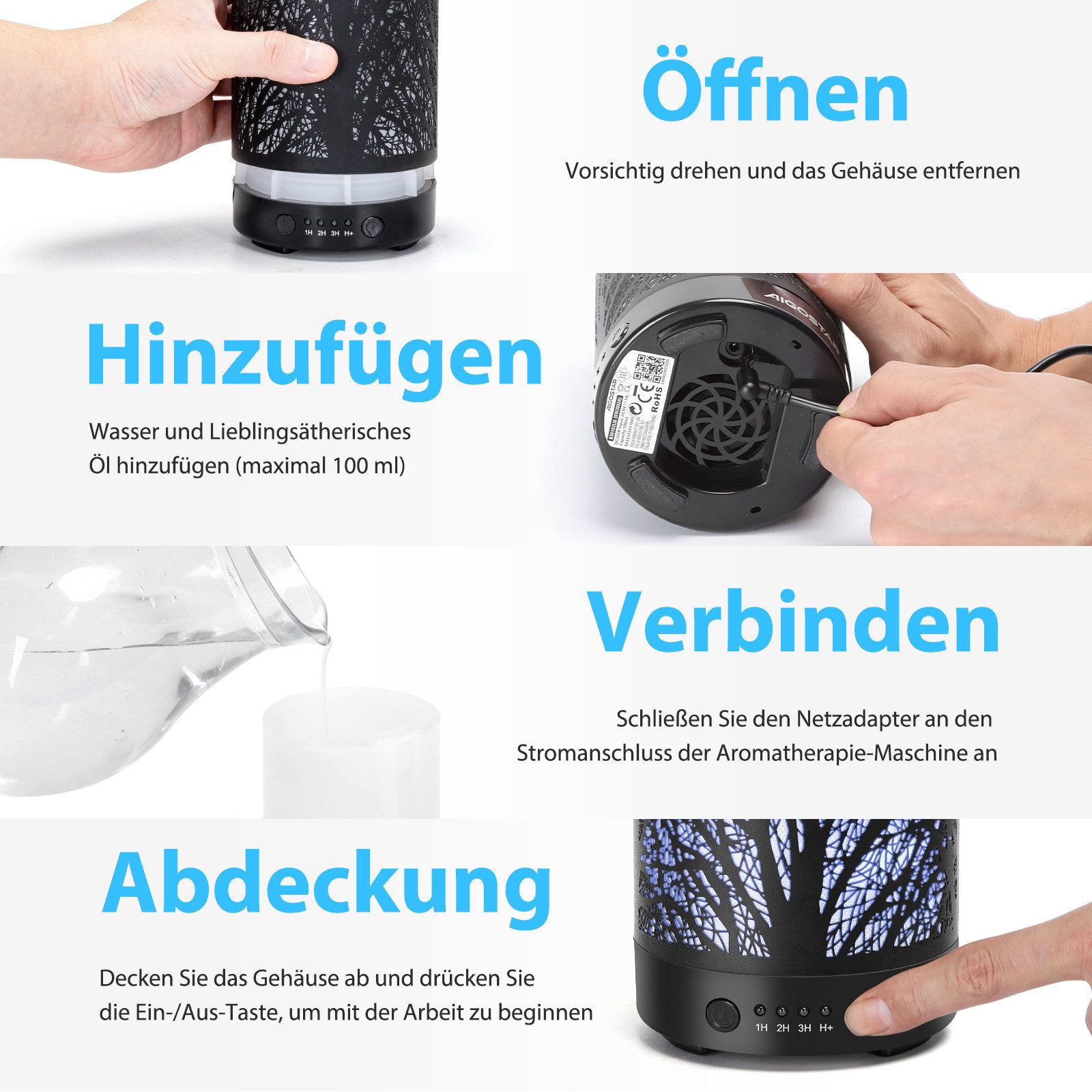 Aigostar Diffuser Aromatherapie Diffusor für ätherische Öle,100 ml Ultraschall-Diffusor, 0,10 l Wassertank, Luftbefeuchter für Schlafzimmer/Büro/Yoga