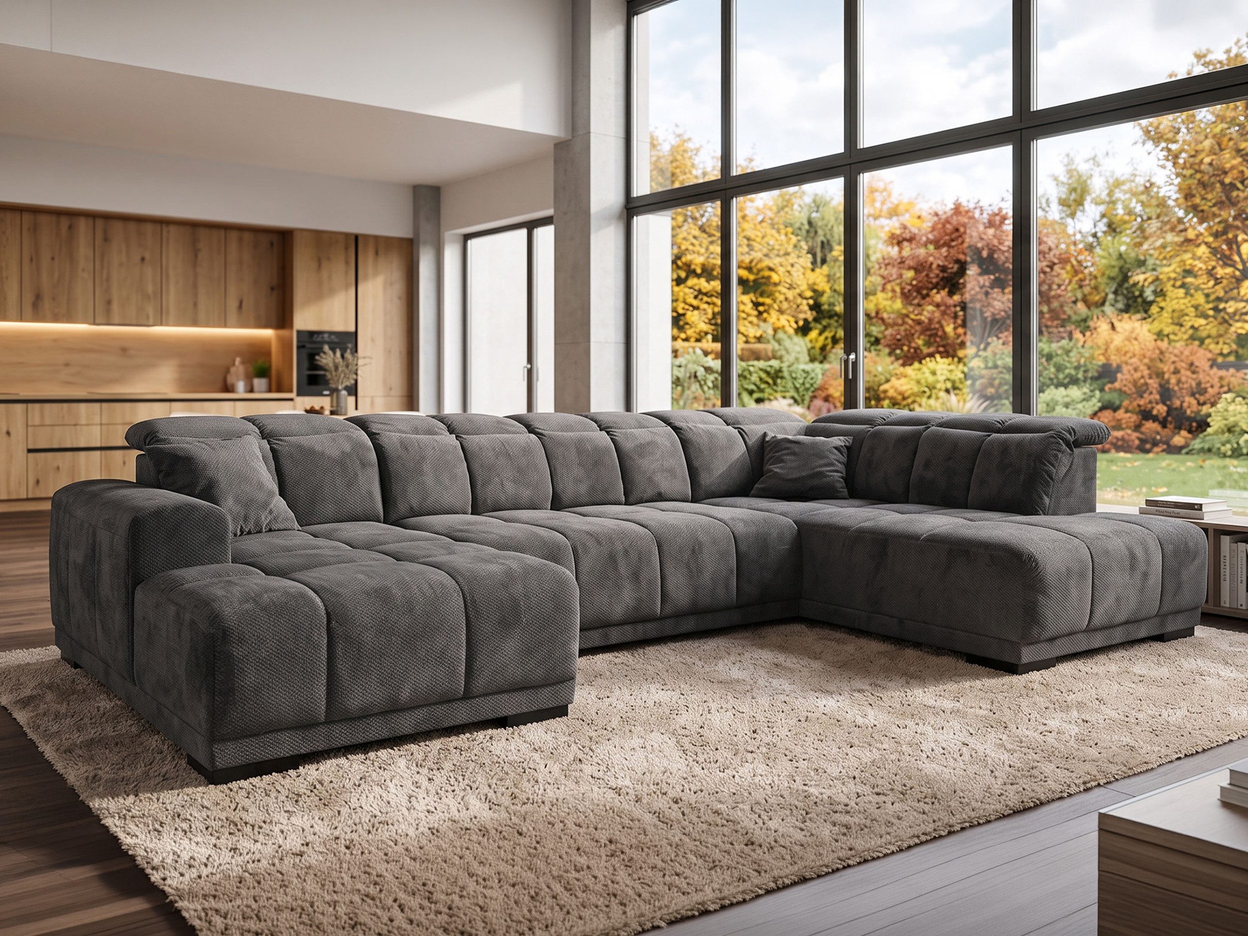 Massivart® Wohnlandschaft grau 355 cm Microfaser, U-Form, elektr. Sitztiefenverstellung »TABOS«, Nosagunterfederung • 6-fache Kopfteilverstellung • 2 Zierkissen