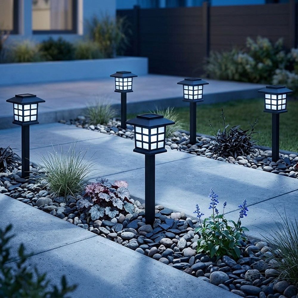 Harms Import LED Solarleuchte, LED-Leuchtmittel fest verbaut, LED Solarlaterne Steckleuchte Erdspieß schwarz Akku IP44 5er Set
