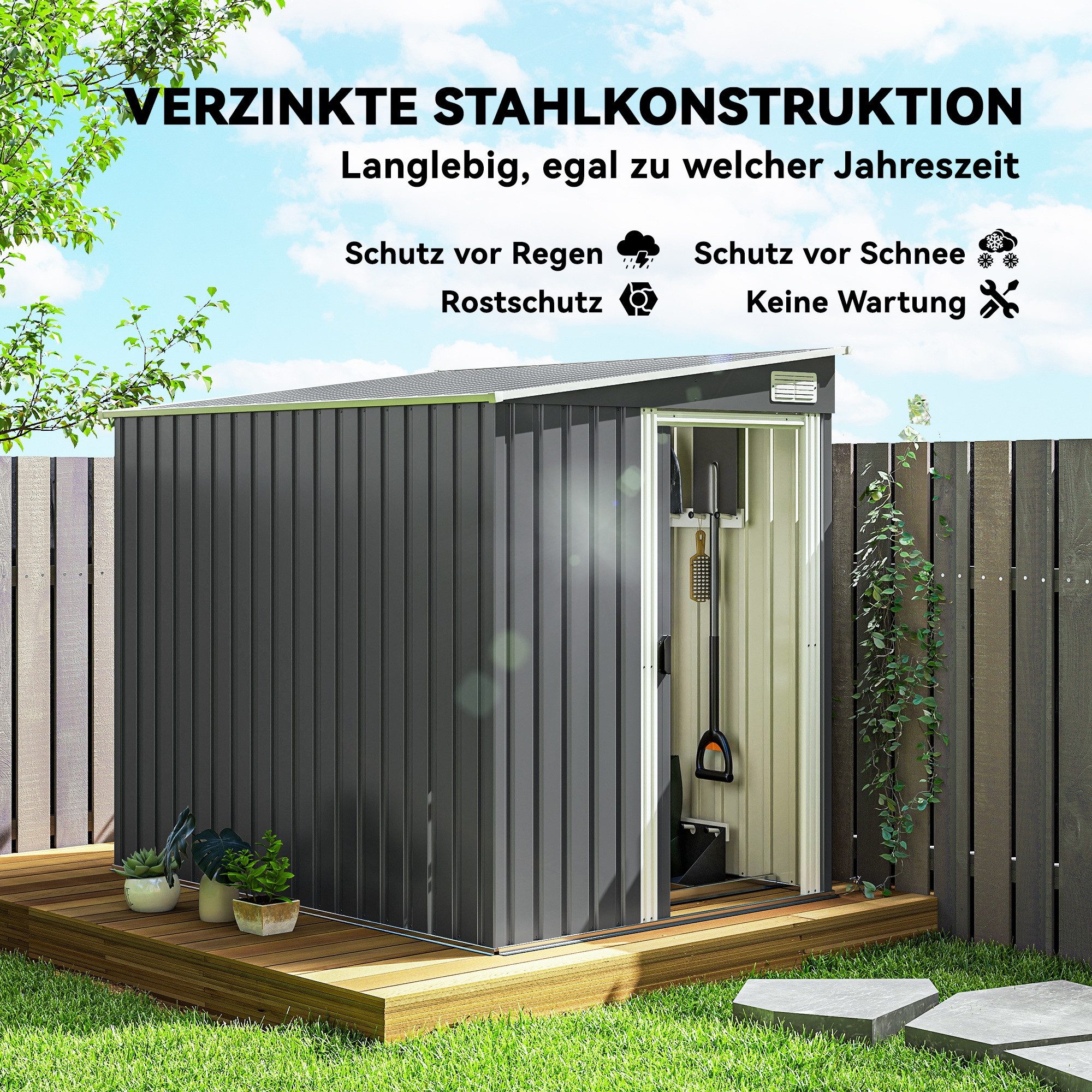 Outsunny Gerätehaus Gartenschuppen aus Metall, BxT: 154x206.5 cm, (Geräteschuppen, 1 St., Gartenhaus), Schiebetür, Belüftung, Stahl, Regale, Dunkelgrau – Bild 4 von 5