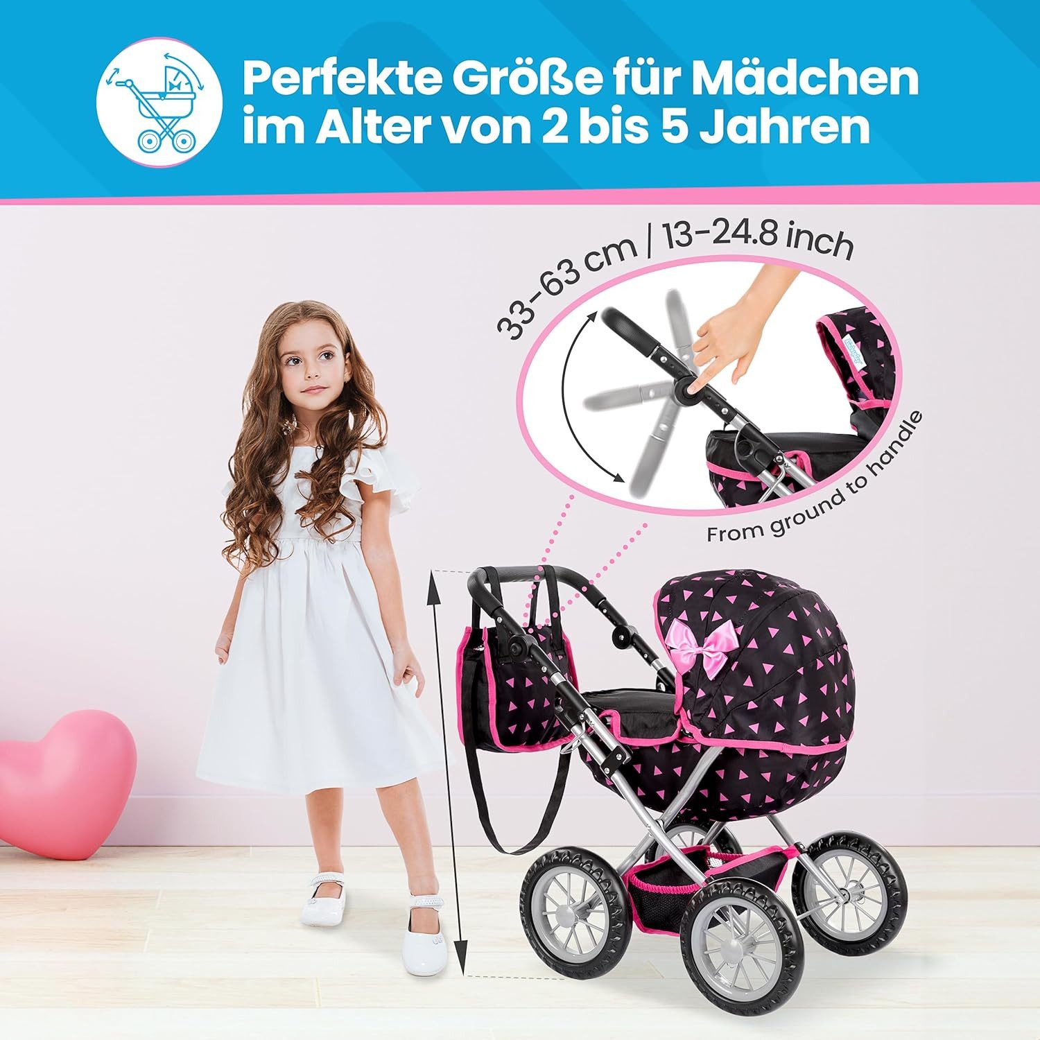 kinderplay Puppenwagen Puppenwagen mit Tasche – verstellbar – Spielspaß ab 3 Jahren