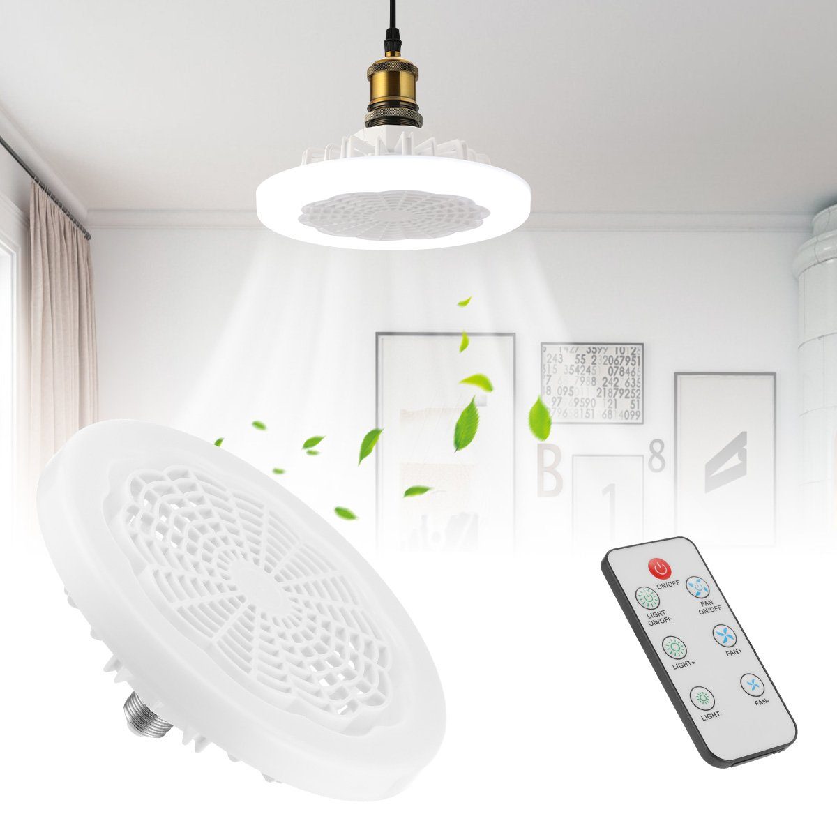 Deckenleuchte 30W Deckenventilator LED Lampe LED Ventilator LETGOSPT Fernbedienung Lüfter, E27 Leuchte Kaltweiß Tageslicht Deckenventilator, Decken Stufen 3