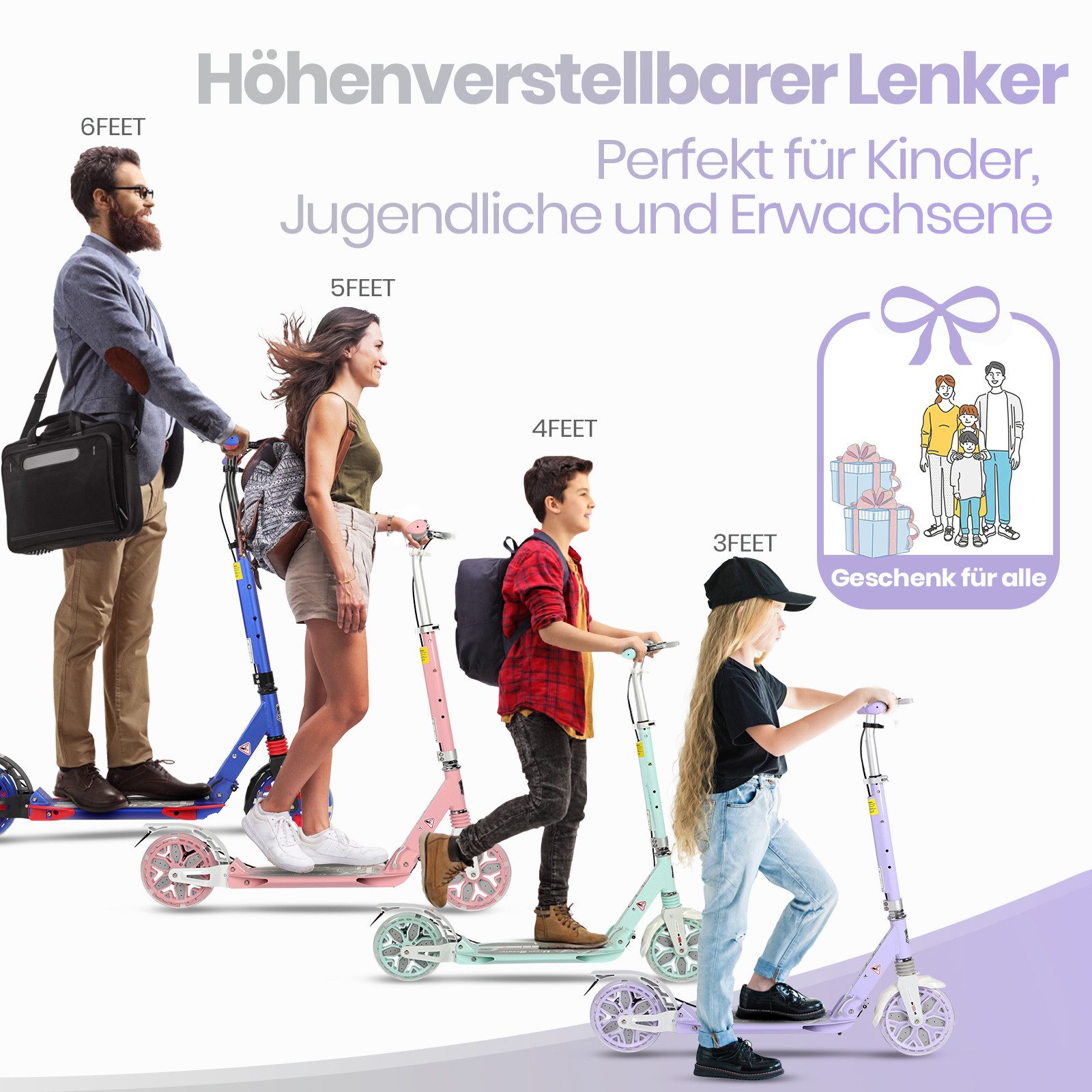 H.yeed Tretroller Kickscooter für Kinder ab 8–12 Jahren, mit Scheibenbremsen, Cityroller für Erwachsene mit Stoßdämpfung – Bild 3 von 5