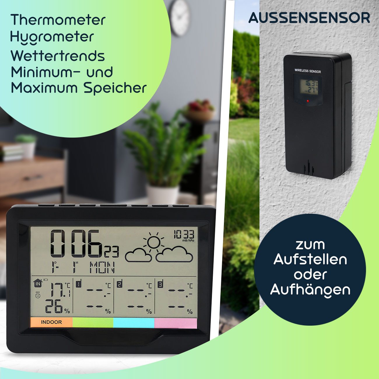 Casativo Multifunktionale Funk Wetterstation mit Außensensor Funkwecker Display Funkwetterstation (Innen-/Außentemperatur 4-Zonen-Überwachung Reichweite ca. 60m – Bild 4 von 5