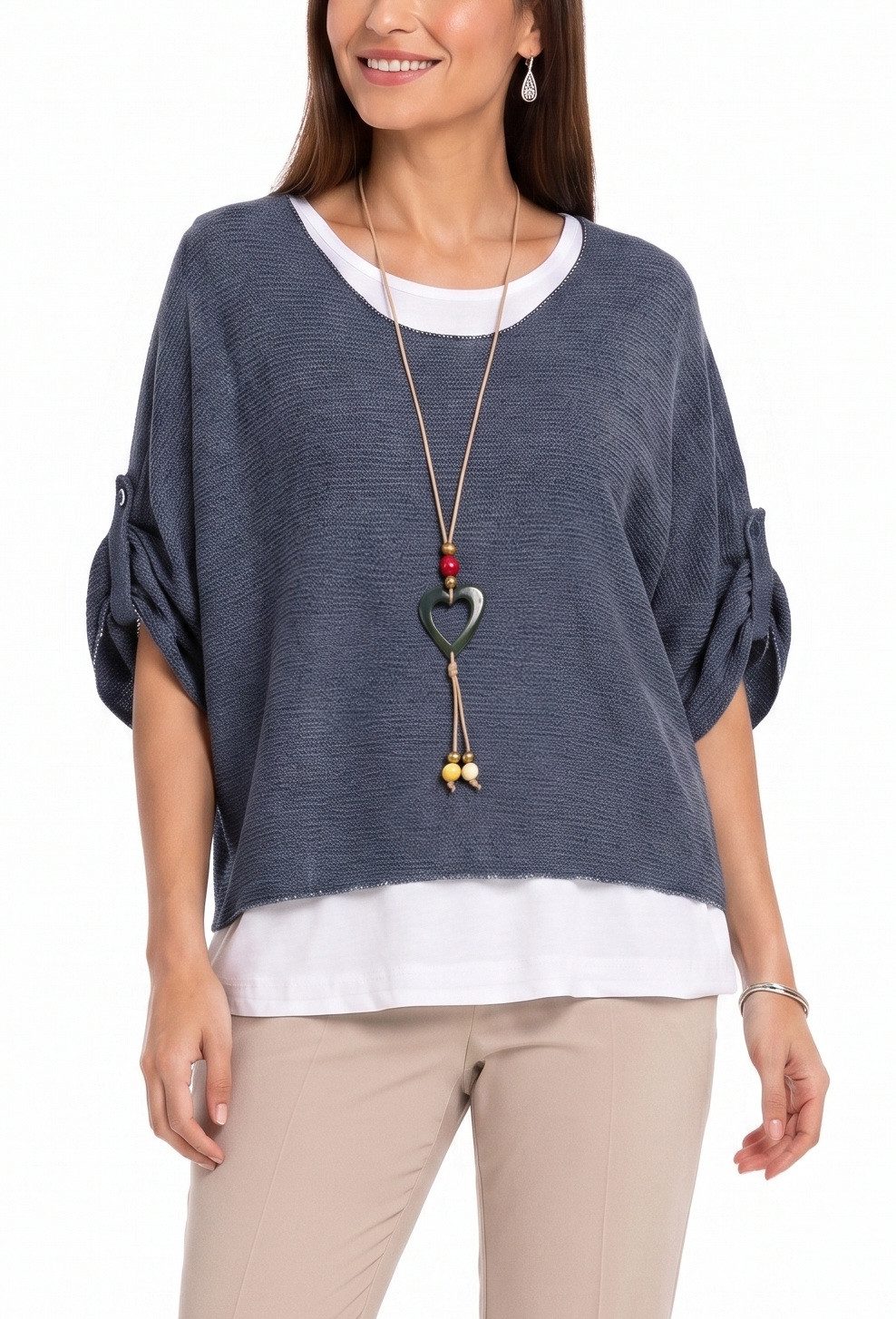 dy_mode Blusenshirt Damen Blusenshirt Oberteil 2-in-1 Lagenlook Shirt Fledermausärmel 2-teilige Set, inkl. Halskette, Fledermausärmel