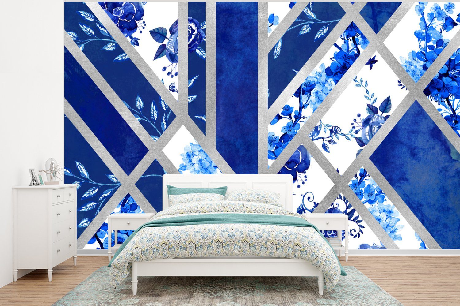 Schlafzimmer, Blau Tapete für MuchoWow (6 Vinyl Design Fototapete Kinderzimmer, Wohnzimmer, bedruckt, Matt, - Abstrakt, St), Delfter - Wallpaper