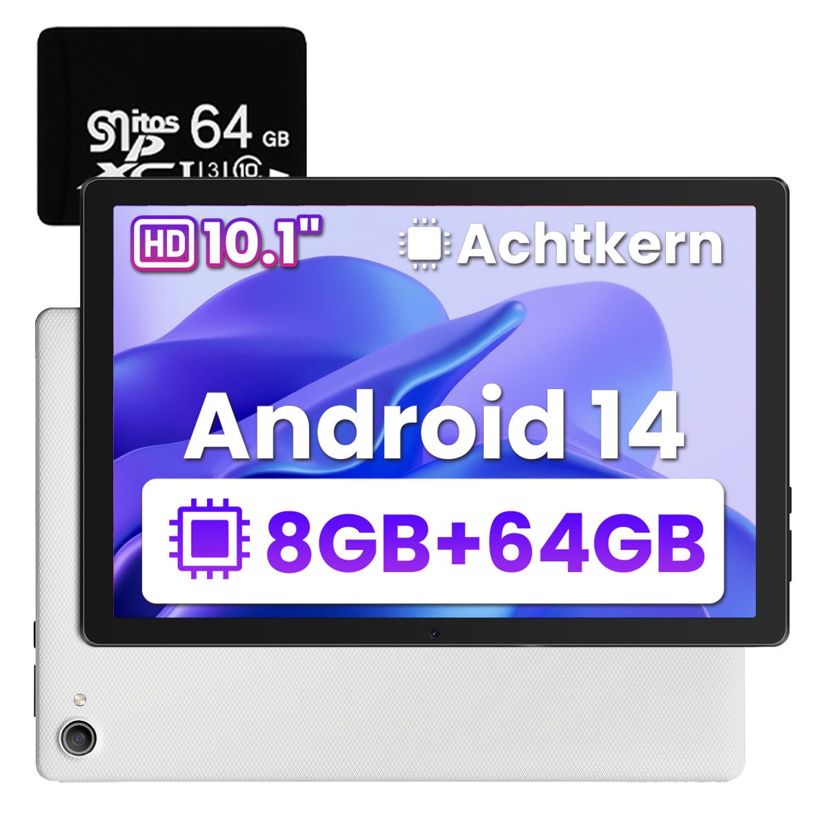 BUFO 10 Zoll HD, 3 GB RAM, 64 GB Erweiterbar auf 1 TB, Android 14 Tablet (10", 64 GB, Android, 2,4G/5G WiFi, Dual-Kamera, mit microSD Karte 64GB)