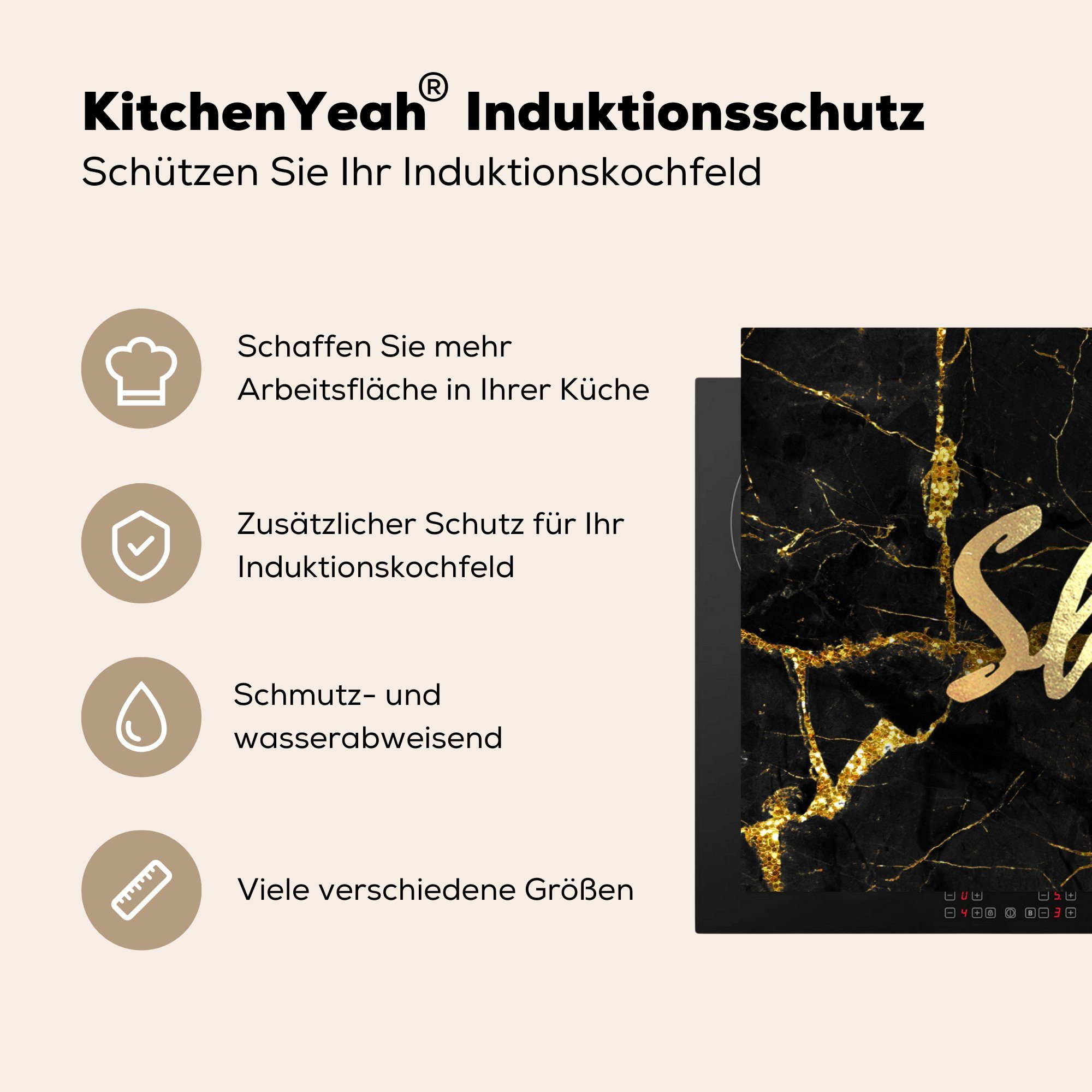 MuchoWow Herdblende-/Abdeckplatte Zitat Gold Marmor, Ceranfeldabdeckung Schutz für Glänzen (1 die küche, Induktionskochfeld Vinyl, - cm, 81x52 tlg), - 