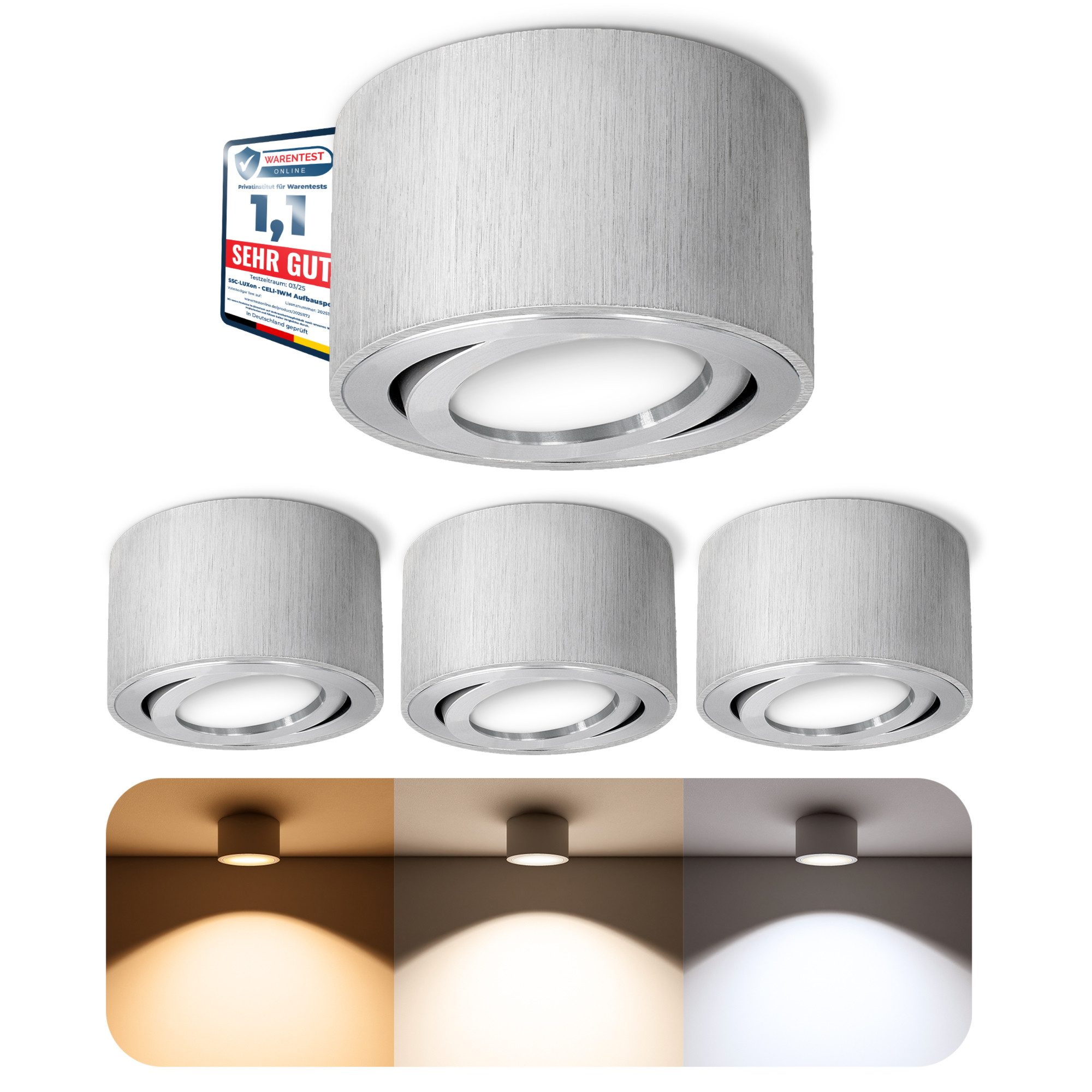 SSC-LUXon LED Aufbaustrahler CELI-1A LED Aufbauspot Alu gebürstet 6W dimmbar warm/neutral/kalt Spot, Warmweiß bis Tageslicht