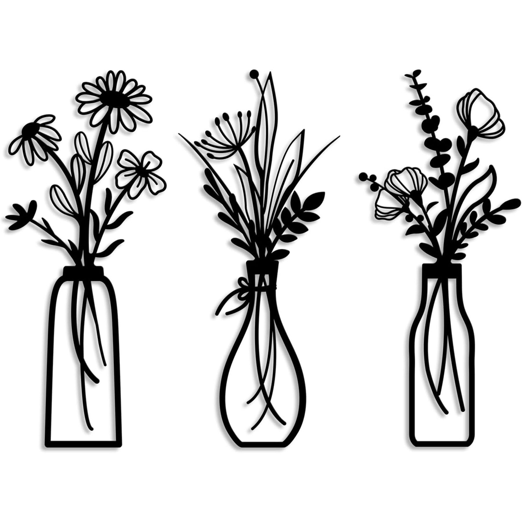 Mutig Wanddekoobjekt 3 Stück Metall Blumen Wanddekoration, Bunte Metall Blumen Wandskulptur (Minimalistische Vase Wandkunst, 35 x 15 cm), für Terrasse Wohnzimmer Badezimmer Schlafzimmer Esszimmer Dekorationen