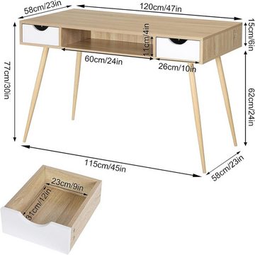 Woltu Schreibtisch (1-St), in Melamin, mit 2 Schubladen, aus Stahl, Holz