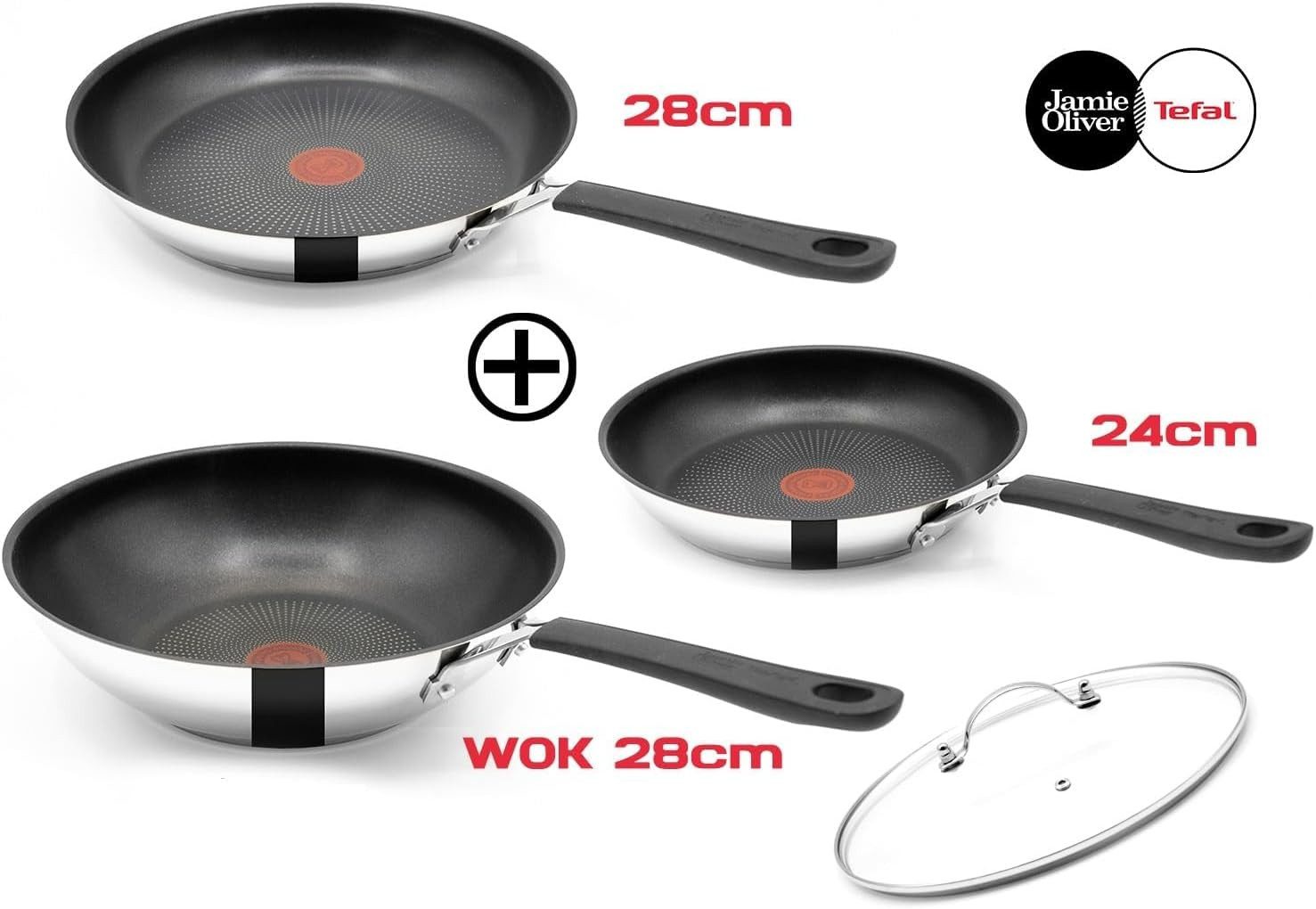 Tefal Pfannen-Set Jamie Oliver E76 Pfannenset 24,28cm + Wok 28cm + Deckel, Edelstahl 18/10 (Pfanne, Bratpfannen Set, Pfannenset, Wok, Wokpfanne, Pfannen + 1 Wender & Schoner Antihaftbeschichtet Pfannenset mit Deckel), Antihaftbeschichtet
