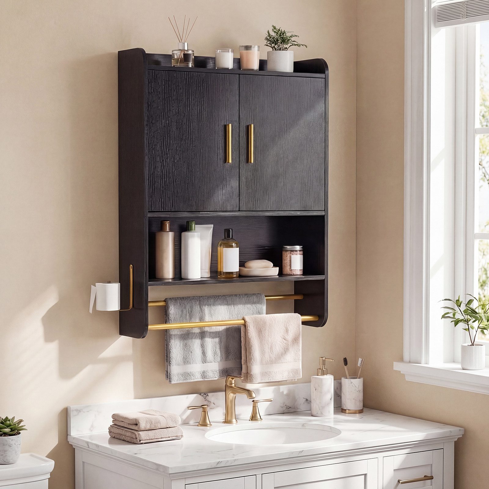 KOMFOTTEU Hängeschrank Medizinschrank mit 2 Türen, Handtuchhalter & Haken – Bild 3 von 3