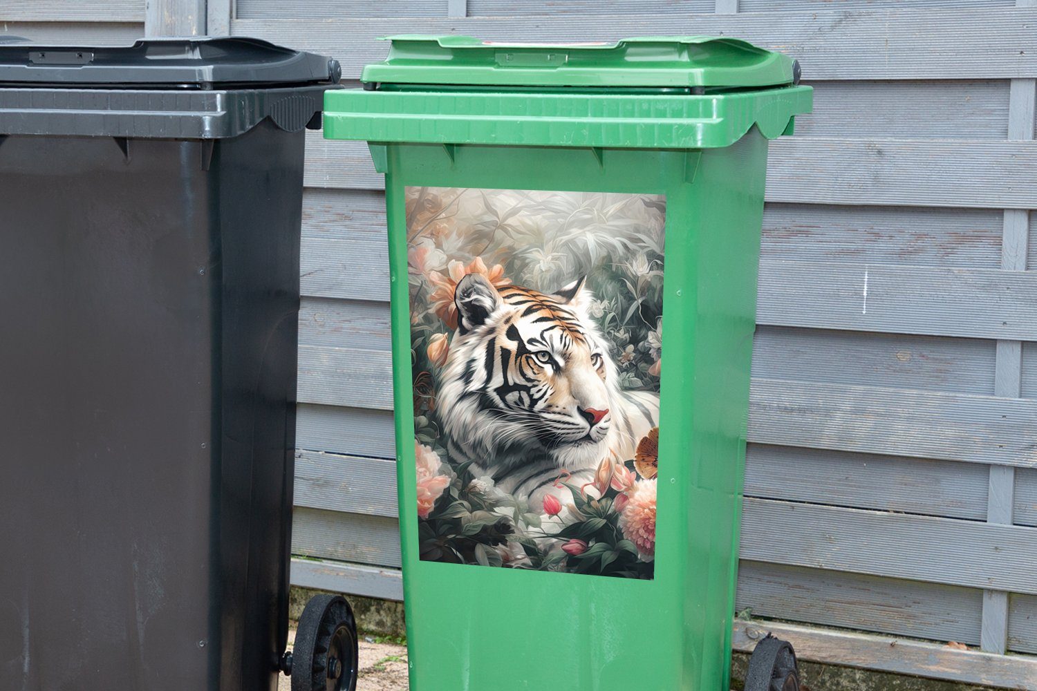 (1 Sticker, Blumen MuchoWow Container, - - Dschungel - Abfalbehälter Tiger Wandsticker St), Mülltonne, Wildtiere Mülleimer-aufkleber,