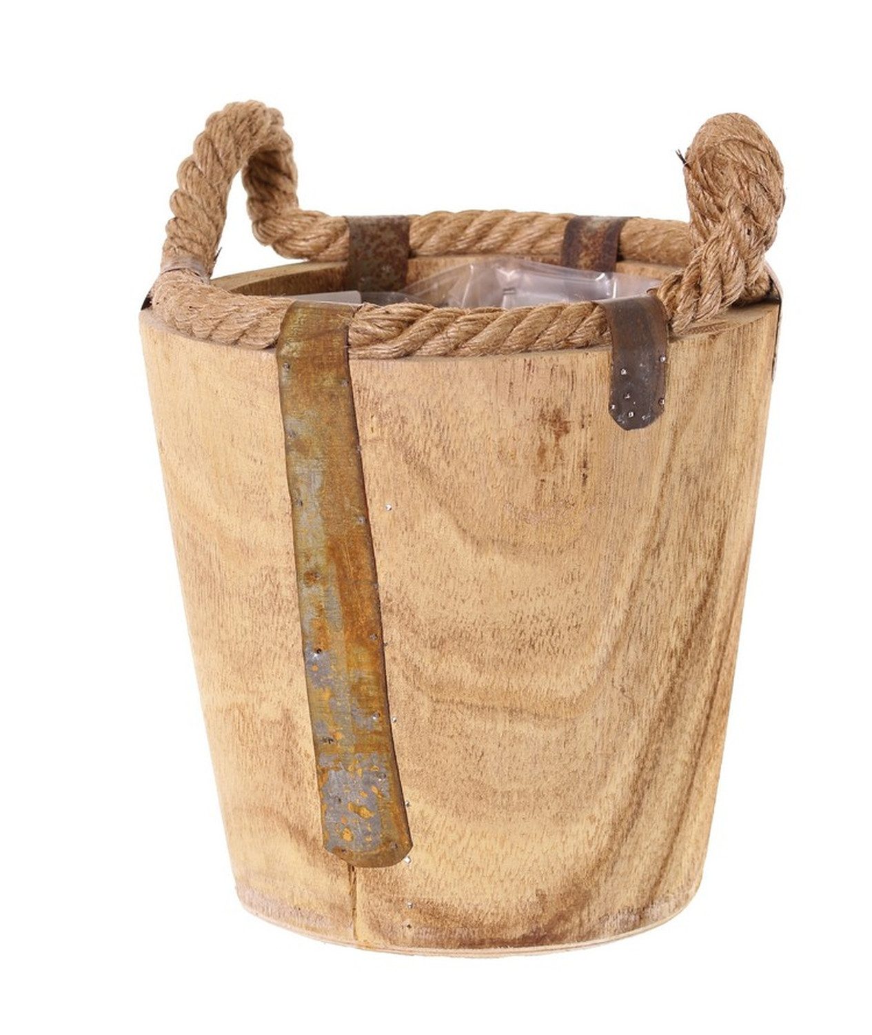artplants Blumentopf Holz Übertopf DABIH mit Griffen aus Seil, braun, 19cm, Ø20cm