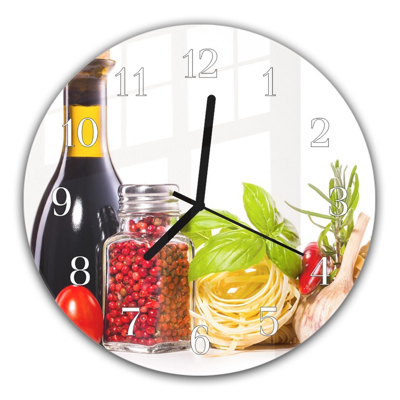 Wanduhr aus Rund Wanduhr Quarzuhrwerk 30 Motiv Primedeco und Pasta, mit - Durchmesser und cm Glas mit Wein Kräuter