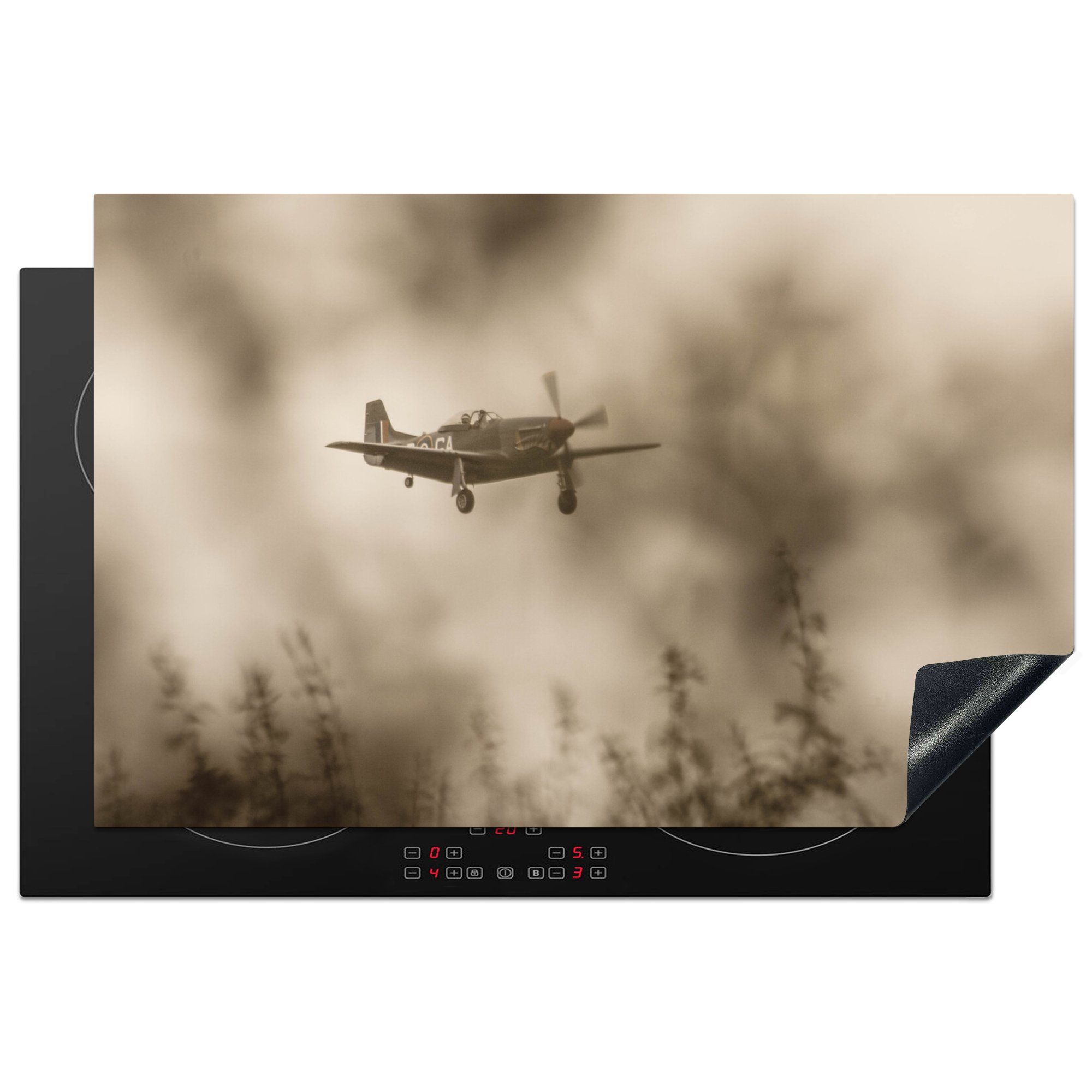 Ceranfeldabdeckung küche, Nähe (1 dunklen eines MuchoWow für die Schutz Induktionskochfeld der Himmels, cm, tlg), Spitfire 81x52 Vinyl, Herdblende-/Abdeckplatte in