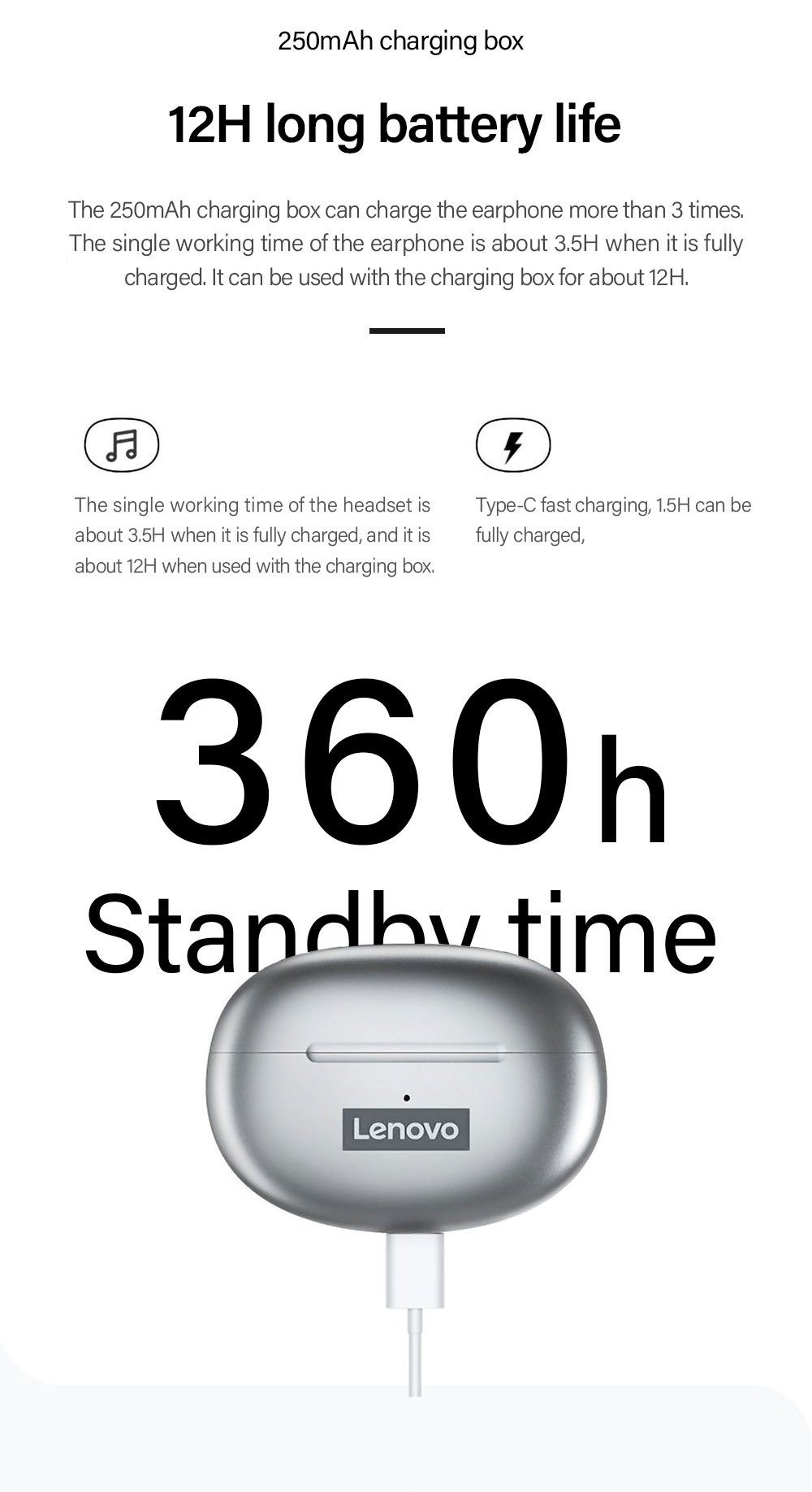 Lenovo LP5 mit Touch-Steuerung kabellos, 250 5.0, mAh Siri, Ohrhörer Assistant, Wireless, mit Bluetooth Kopfhörer-Ladehülle Bluetooth-Kopfhörer Weiß) Google - Stereo (True