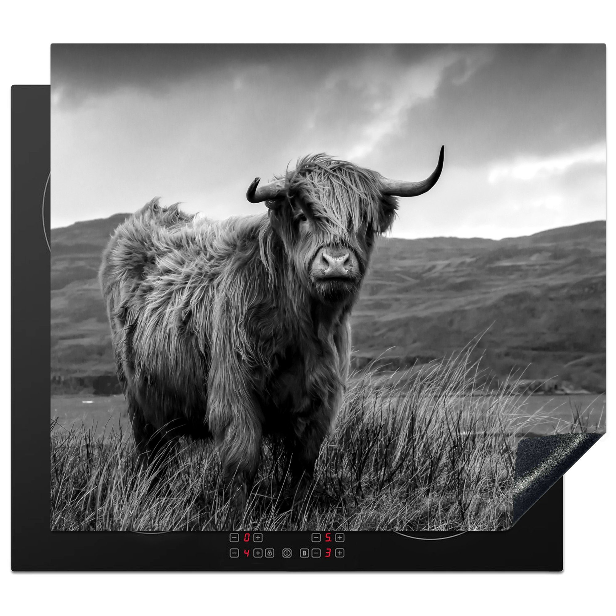 und schwarz 60x52 schönen Mobile See Ceranfeldabdeckung Herdblende-/Abdeckplatte an nutzbar, tlg), Vinyl, cm, Arbeitsfläche Schottischer einem - MuchoWow Highlander (1 weiß,