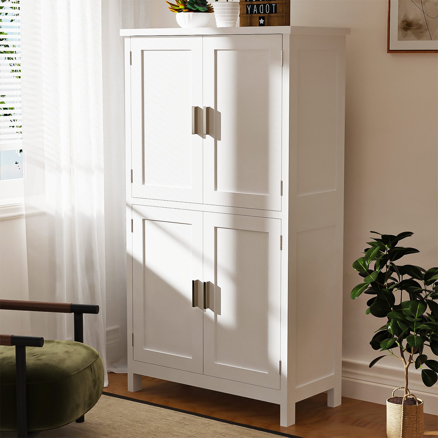 oyajia Mehrzweckschrank Küchenschrank Badezimmerschrank (mit Türen & verstellbarem Regal,Vorratsschrank Holz) Bücherschrank, Wohnzimmerschrank, mit 4 Türen, 60x30x110cm, weiß