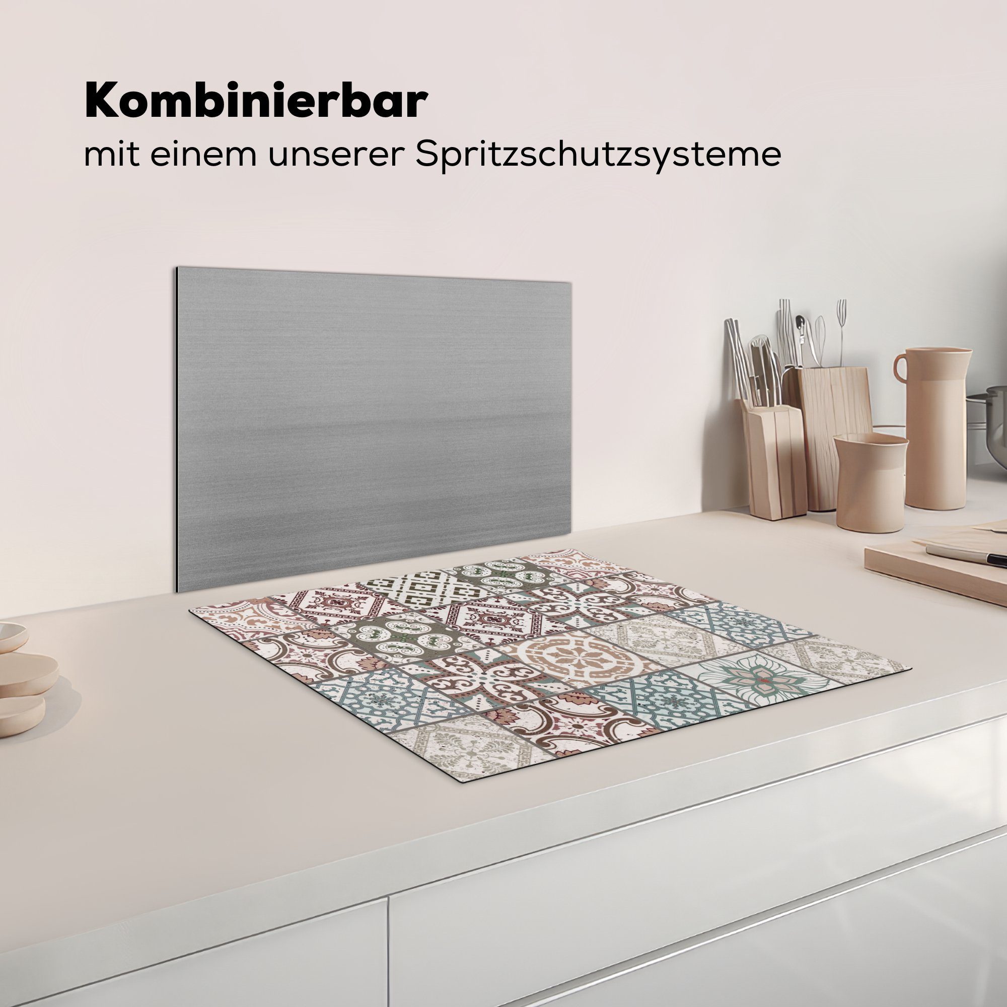 tlg), (1 Muster Herdblende-/Abdeckplatte MuchoWow Vinyl, Fliese, nutzbar, cm, Ceranfeldabdeckung Arbeitsfläche - - Mosaik Braun 60x52 Mobile -