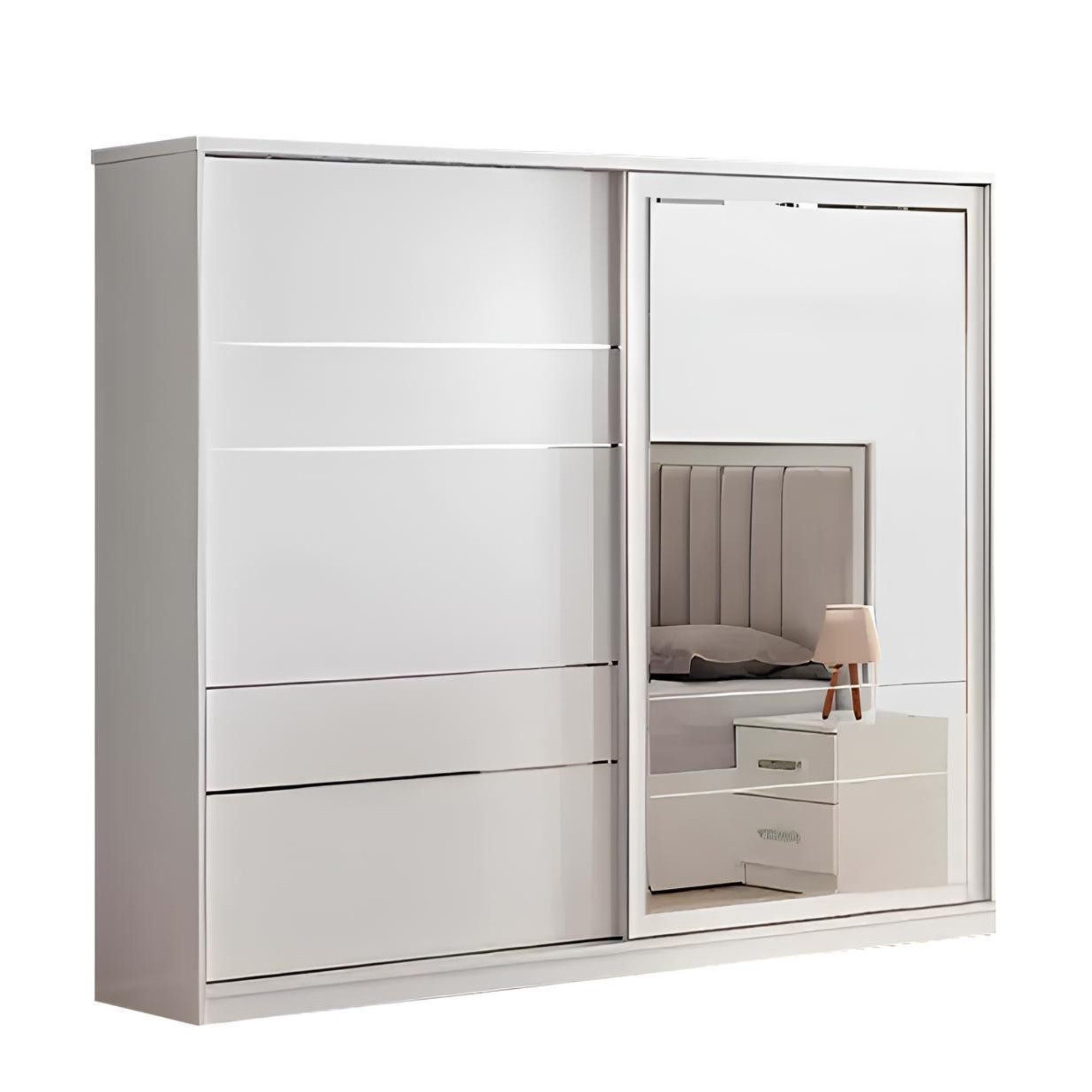 Xlmoebel Schiebetürenschrank Weißer Holzschrank mit Spiegel für elegantes Schlafzimmerdesign (Kleiderschrank) Hergestellt in Europa