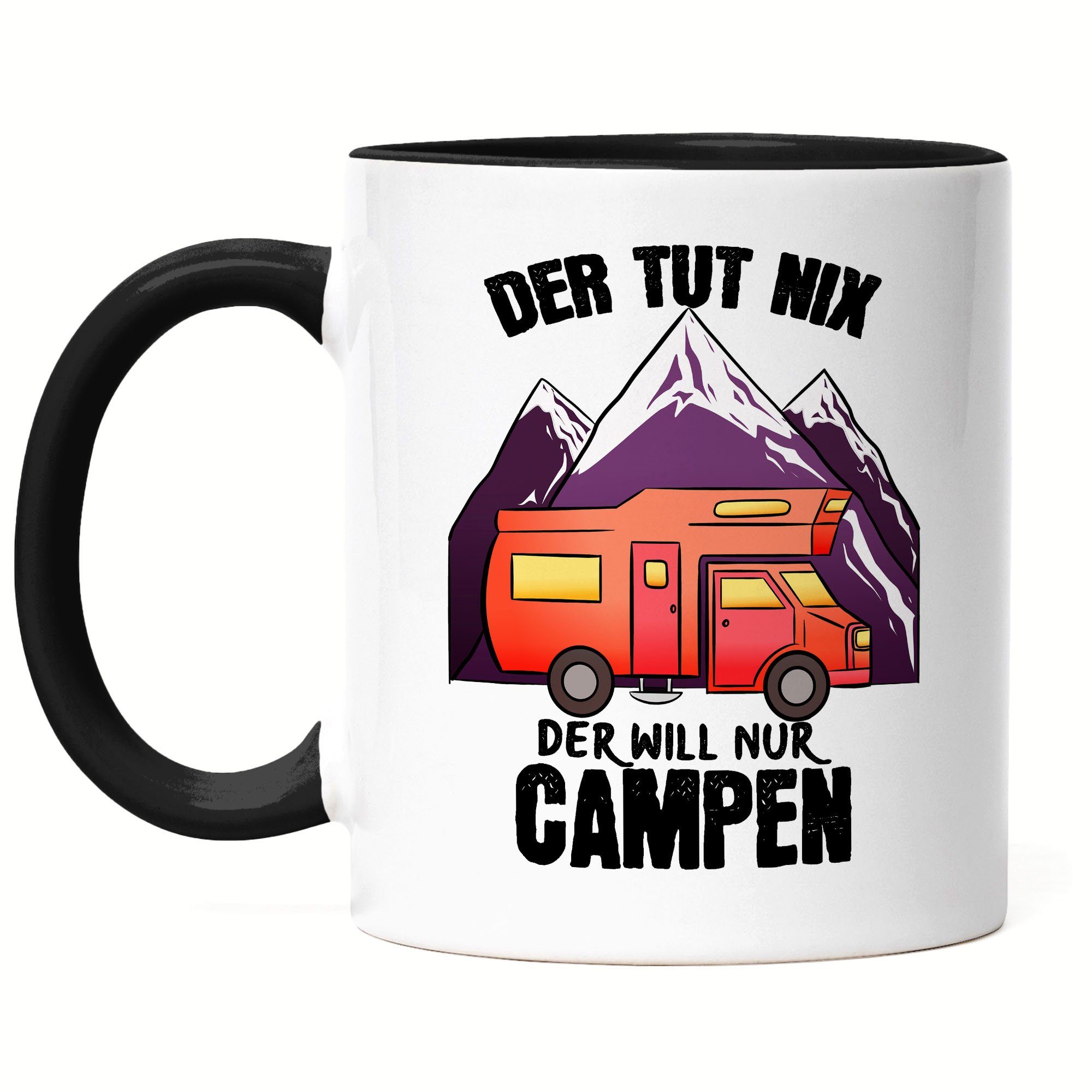 Hey!Print Tasse Camping Tasse mit Spruch Der tut nix der will nur Campen Geschenk Tasse für Camper Wohnmobil Womo Schwarz | Tassen