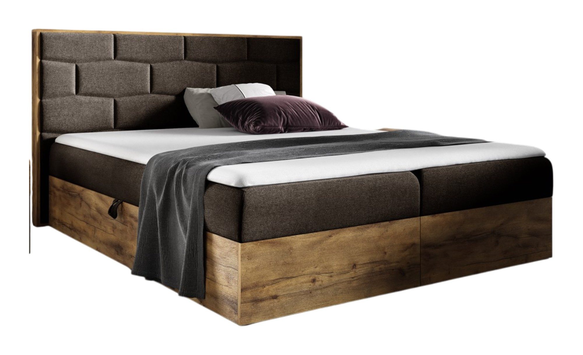 Fun Möbel Boxbett Schlafzimmerbett BEILA Stoff Faro (Auch in Überlänge erhältlich, Inkl. Kaltschaumtopper und Bettkästen), Lancelot-Eiche-Optik