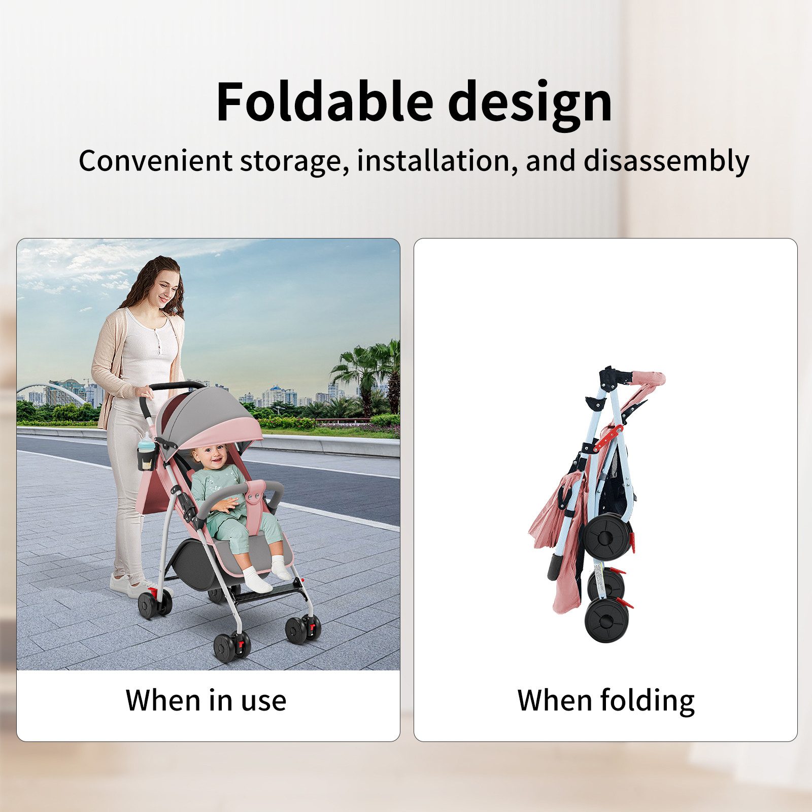 JEOBEST Kinder-Buggy Buggy Kinderwagen Kinderbuggy, Federleichter Reisebuggy 4,9 kg, Klein Zusammenklappbar, Tasche im Verdeck, XL Korb