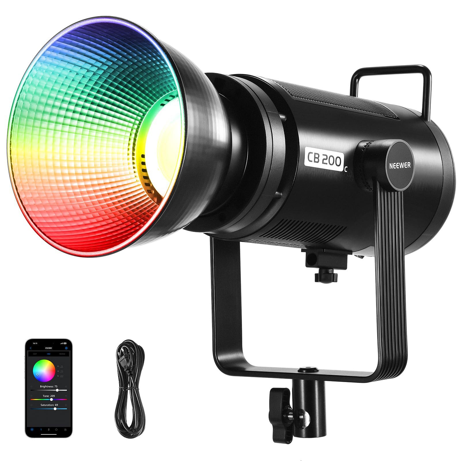 Neewer Videoleuchte CB200C 200W RGBWW COB LED Videolicht, APP/2.4G Steuerung, 2500K-7500K, 23000Lux, Bowens Mount, Leise Dauerlicht für Fotografie