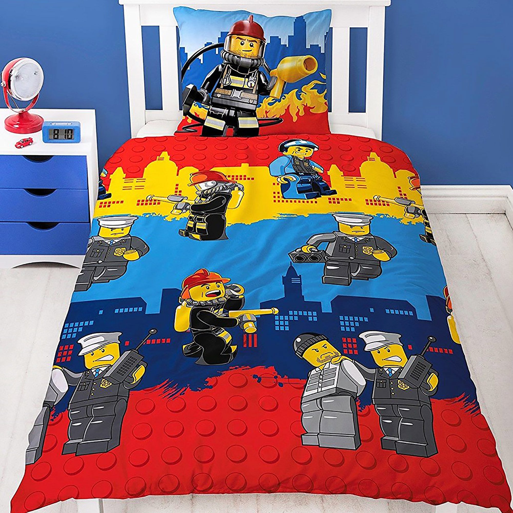 BERONAGE Kinderbettwäsche Lego City Bettwäsche Linon / Renforcé, 100% Baumwolle, 2 teilig, 135x200 + 80x80 cm