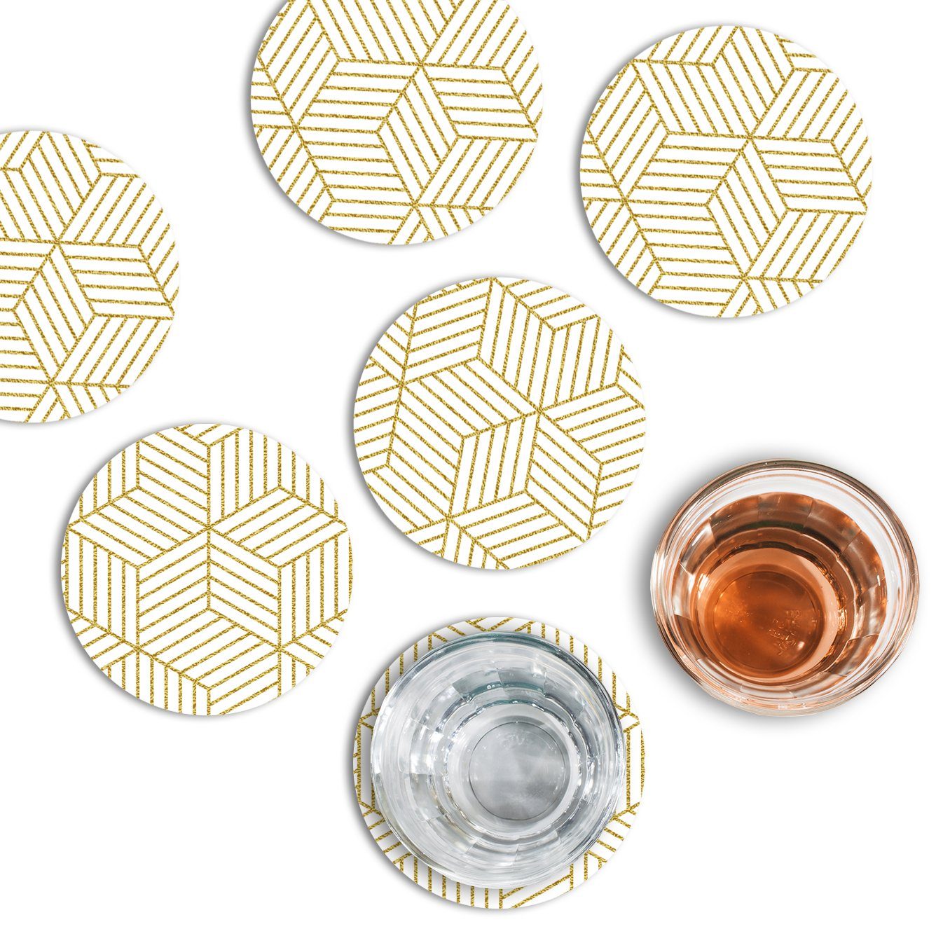 queence Getränkeuntersetzer Verschiedene Tassenuntersetzer aus - Glasuntersetzer 6-teiliges Set, - 10x10x0,4 Set - Motive cm, Gold/Weiß - Kunststoff