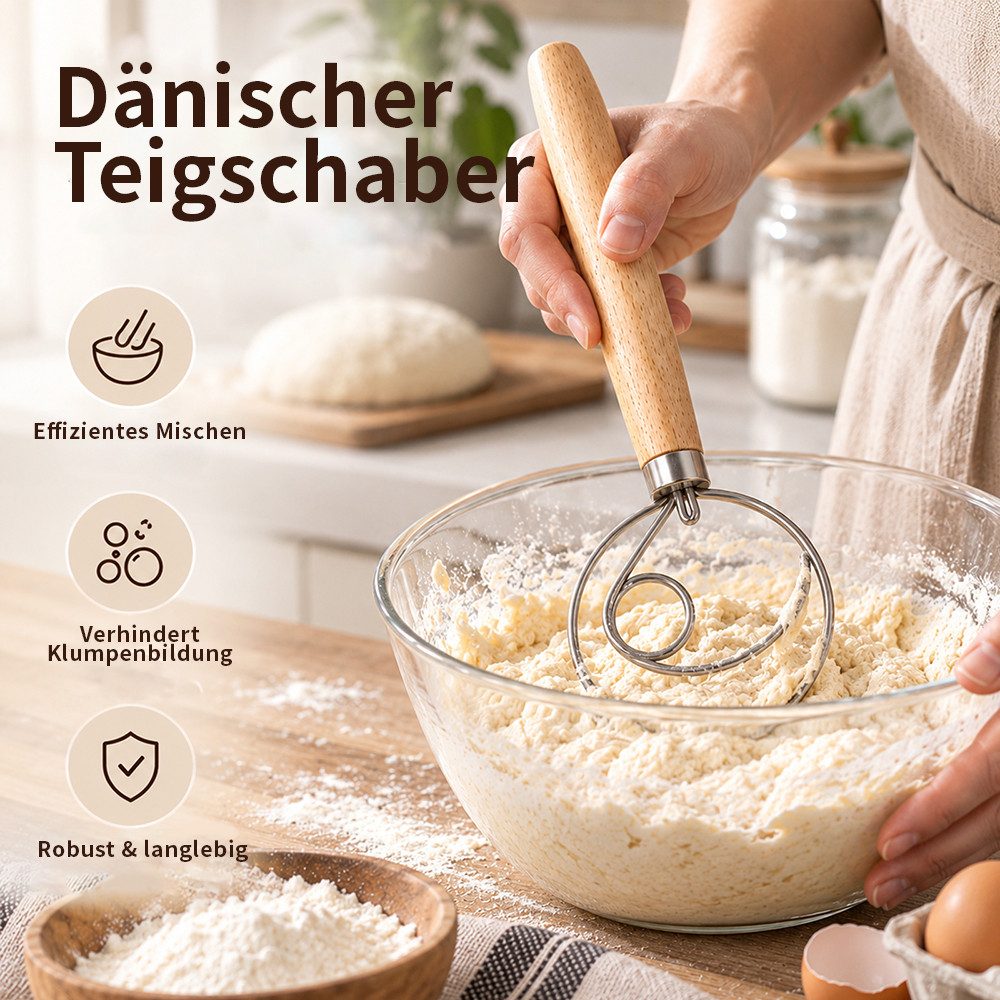 PFCTART Teigspachtel Dänisches Teigknetset, Teigkarte & Teigmesser, 3-teilig, 33 cm, Dänischer Schneebesen, Brot backen Zubehör, Sauerteig, Brotbackset – Bild 5 von 5