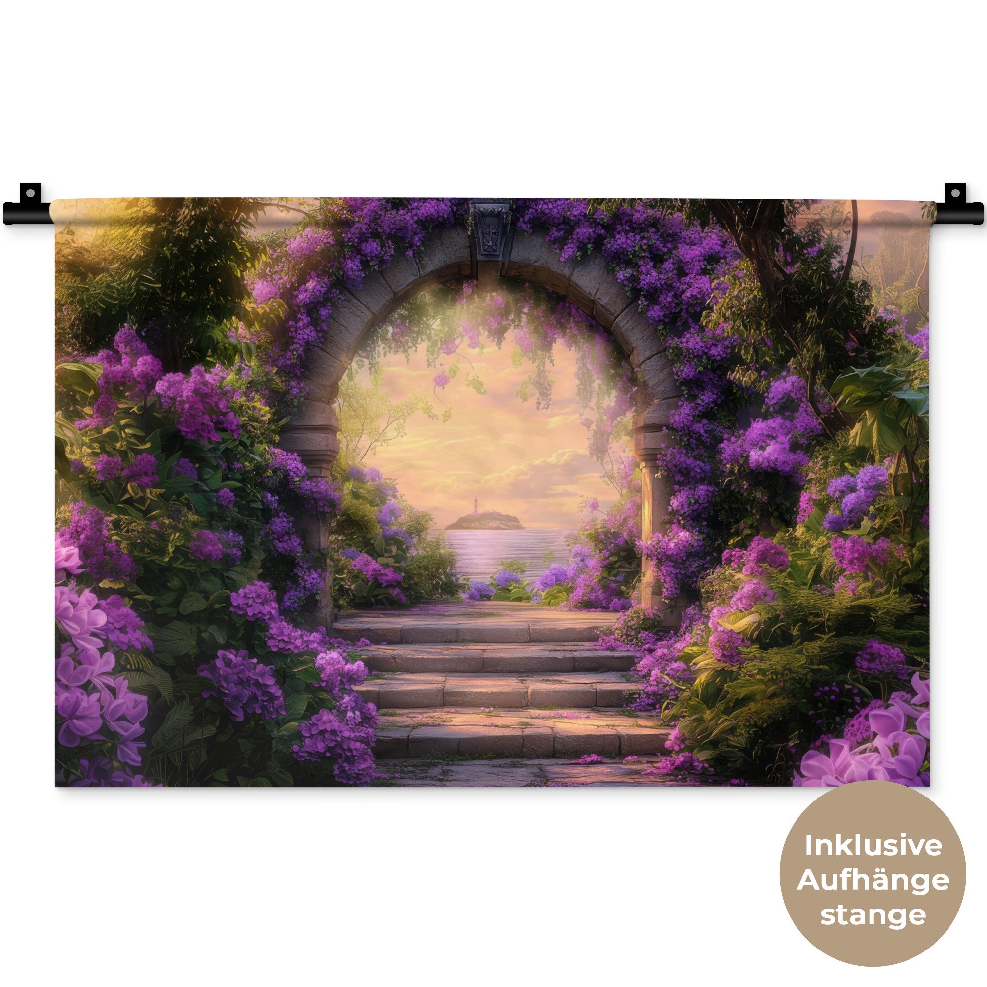 MuchoWow Wandteppich Tor - Lila - Blumen, Rechteckig, Höhe: 3 mm, Wandteppich für Wohnzimmer, Schlafzimmer, 60x40 cm