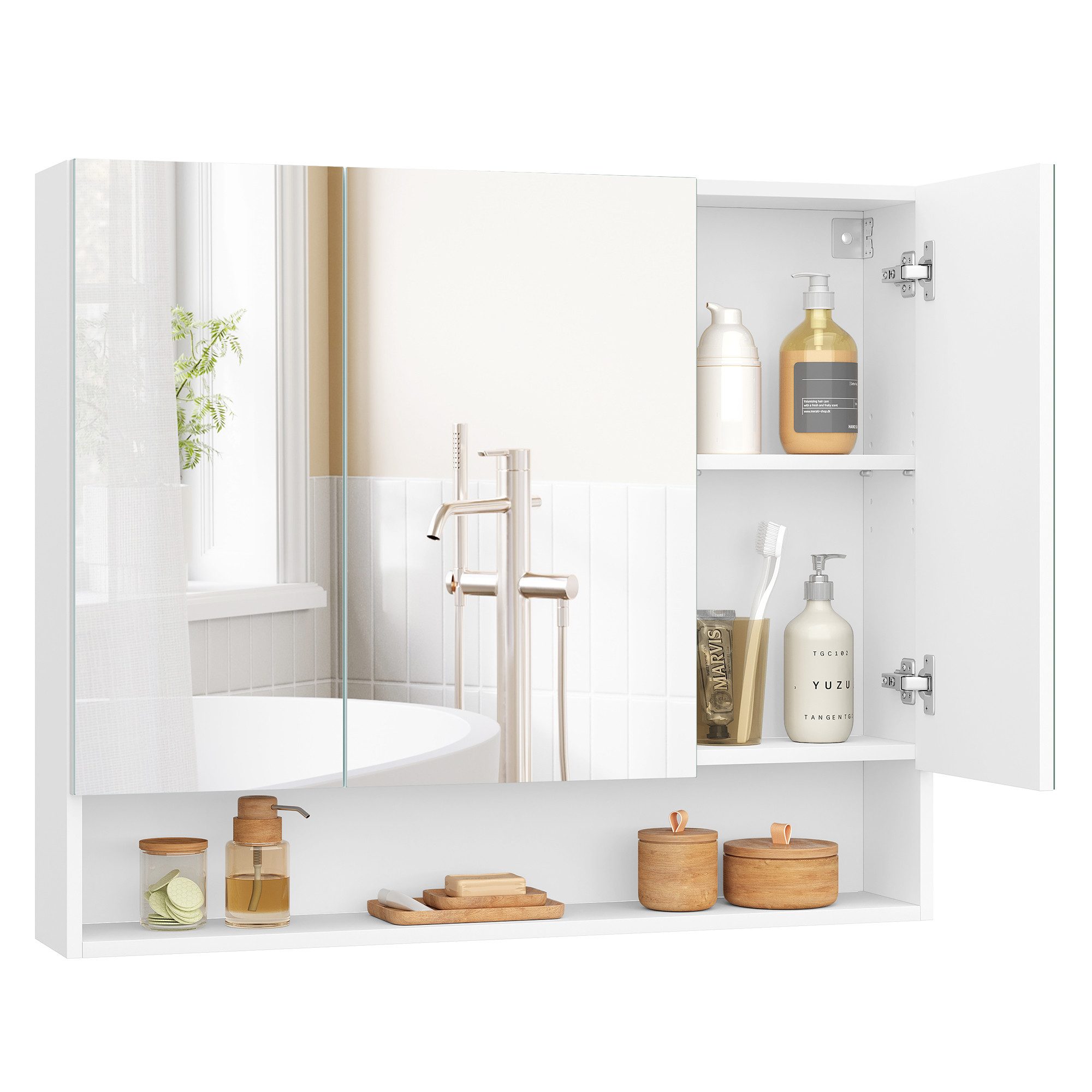 VASAGLE Spiegelschrank Badschrank Breite 70-90cm, mit 3 Türen, offenes Fach, verstellbare Ablagen