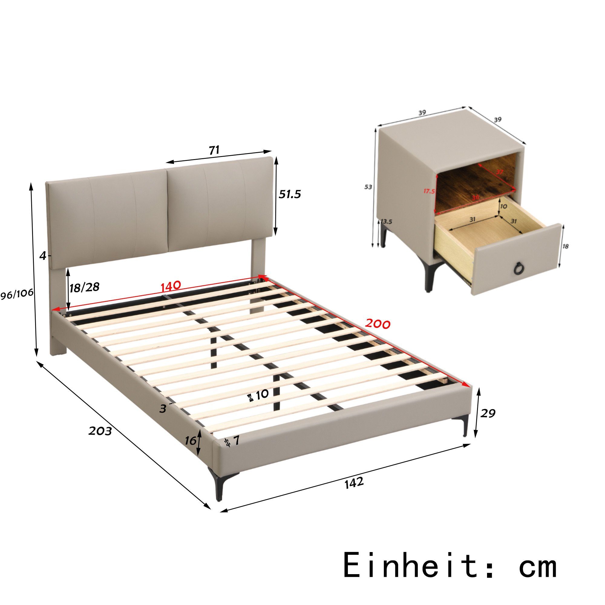 Gotagee Schlafzimmer-Set Schlafzimmer Matratze einen Doppelbett zwei Nachttisch Sie Nachttische Mit mit Bett, oder Set 140x200 Bringen