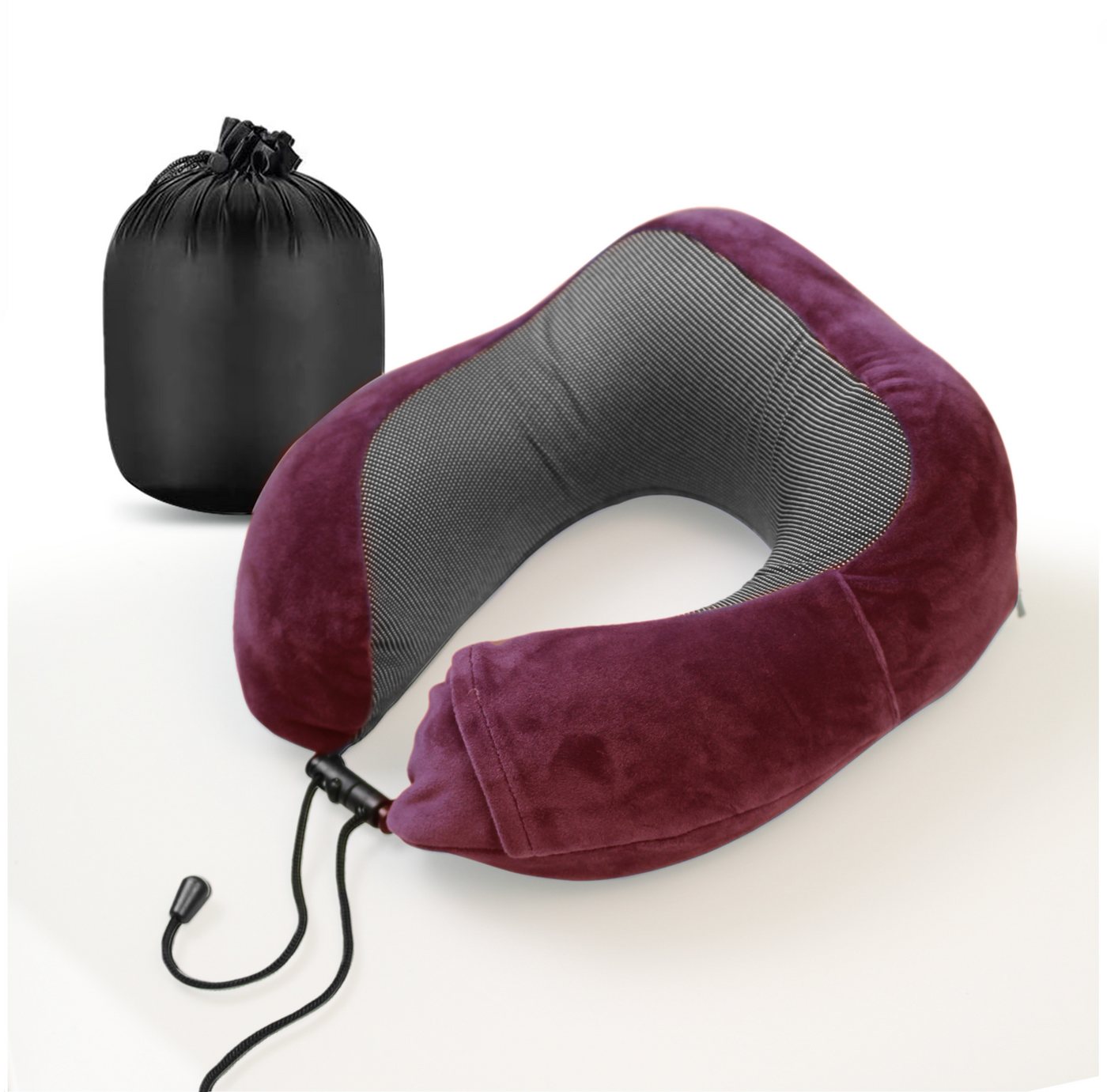 Cozyor Nackenstützkissen Memory Nackenkissen mit verstellbarem Verschluss + praktischer Tasche, Bezug: waschbarer Bezug, Set, Nackenhörnchen zum Reisen, klein & kompakt, rot bordeaux Berry, auch im Reise-Set mit Reisedecke & Augenmaske erhältlich