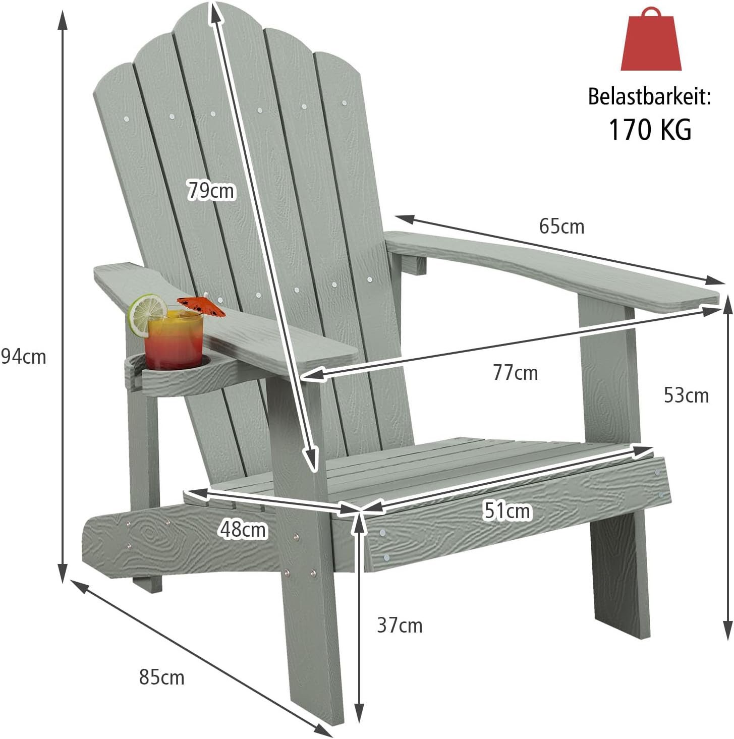 KOMFOTTEU Gartenstuhl Adirondack Stuhl mit Getränkehalter, 150 kg Tragfähigkeit