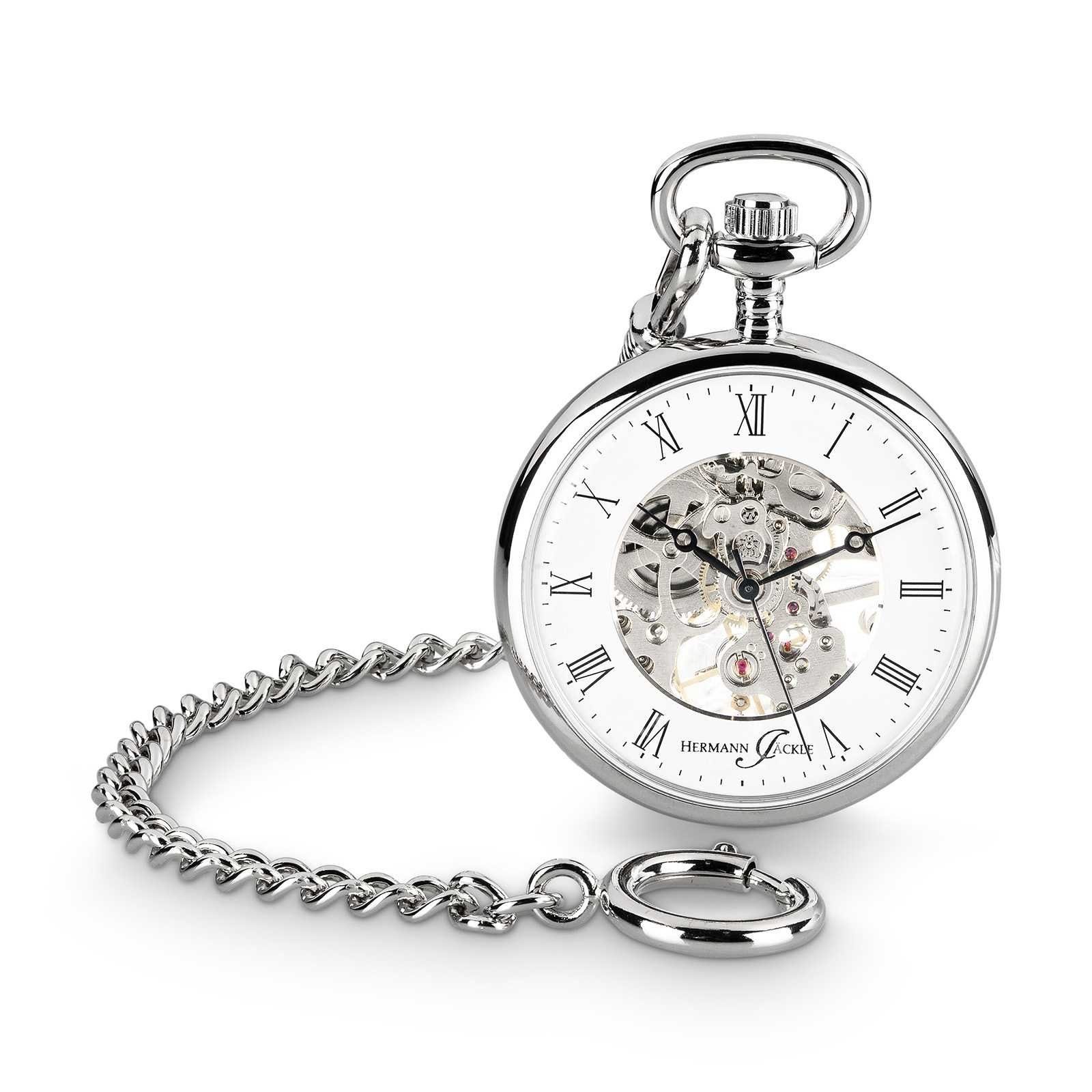 Hermann Jäckle Taschenuhr Limburg Skelett, Handaufzug, 41 mm, Mineralglas, mit Kette & Reiseetui