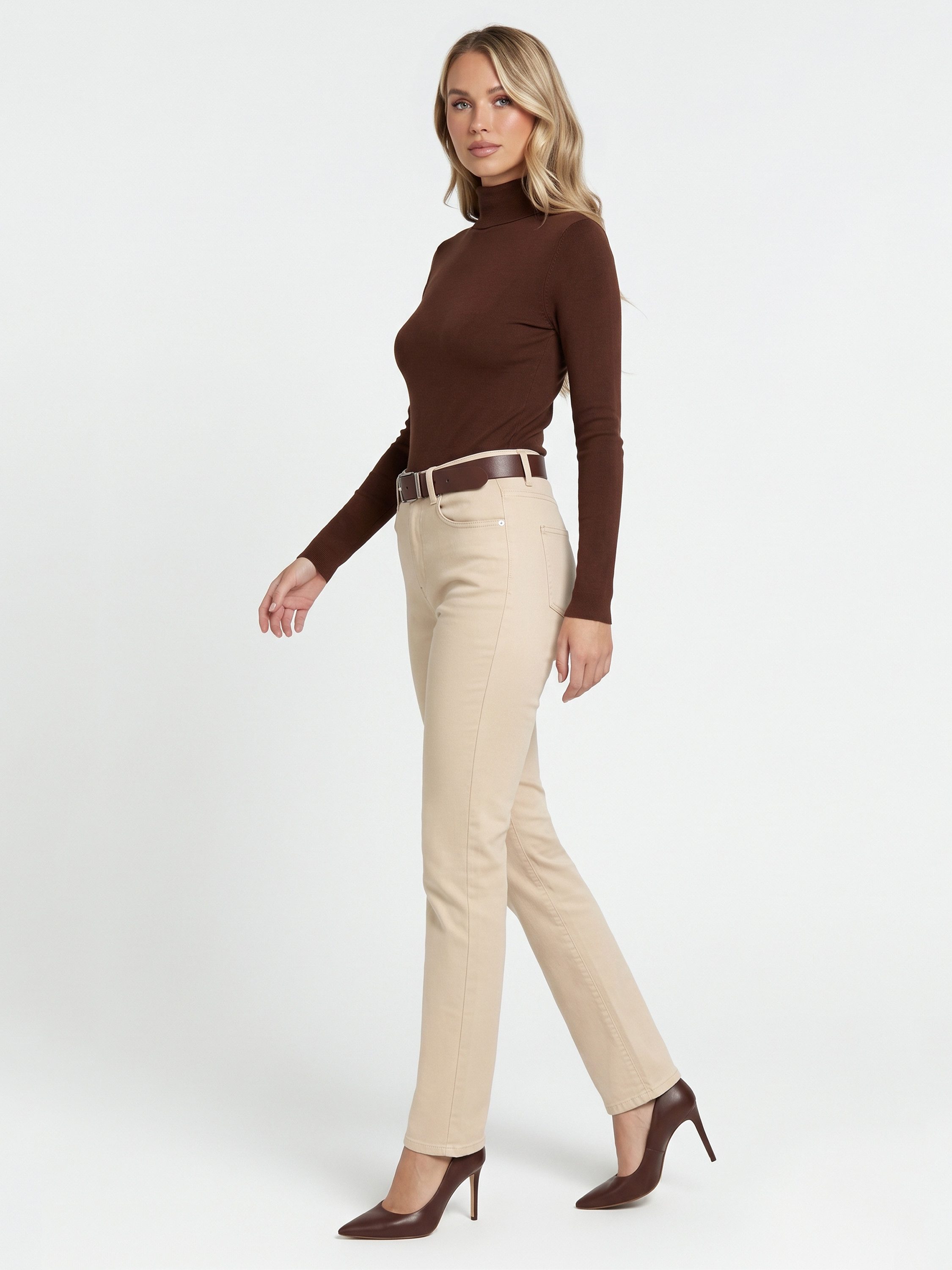 ESRA Stoffhose Stretch Hose Damen Regular Stoff-Hose Damen Elegant Hose elastisch High Waist Damen Hose Elegant Business Hose Stoffhose Straight Beige – Bild 2 von 5